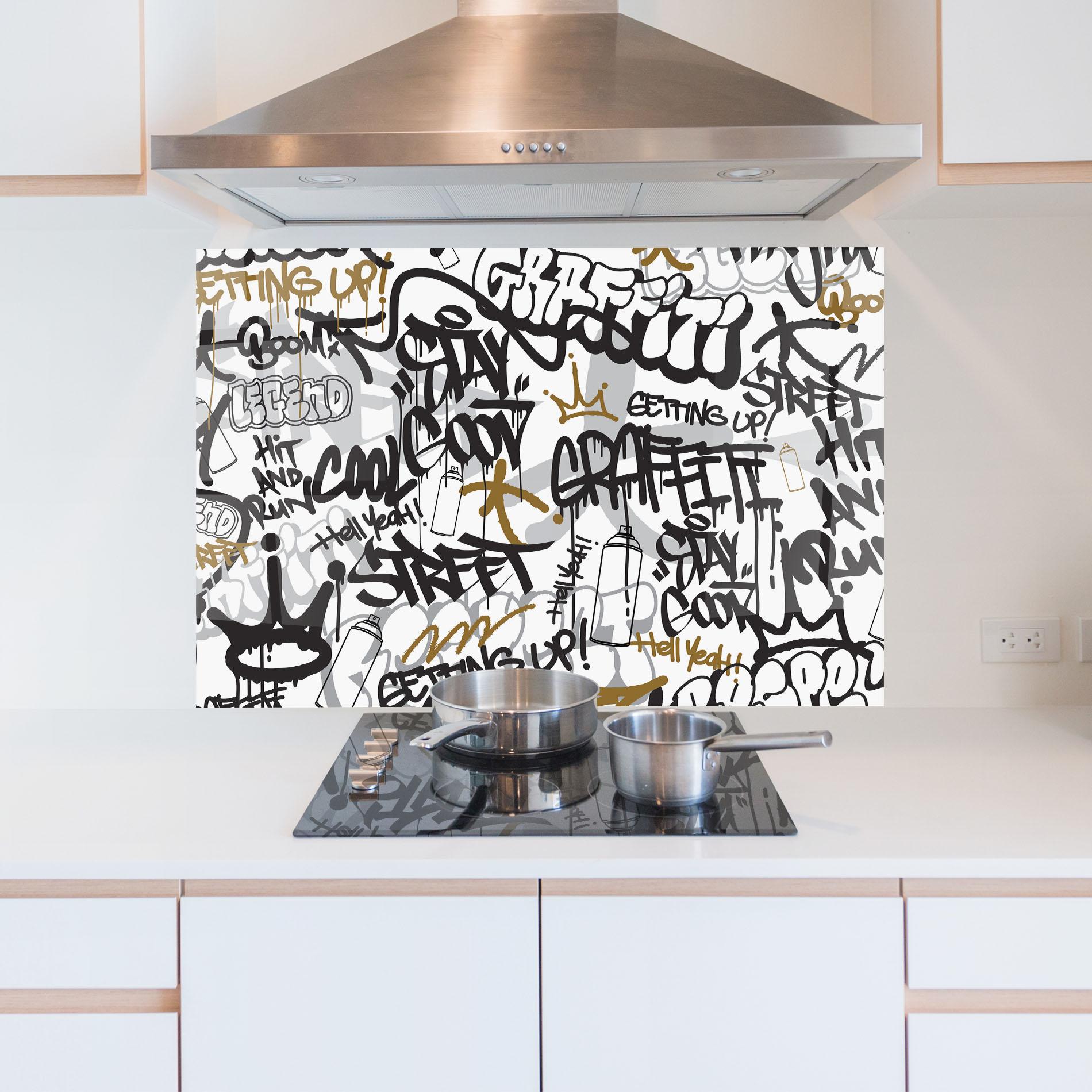 Panou Sticla Bucatarie Black Yellow Graffiti mockup 5