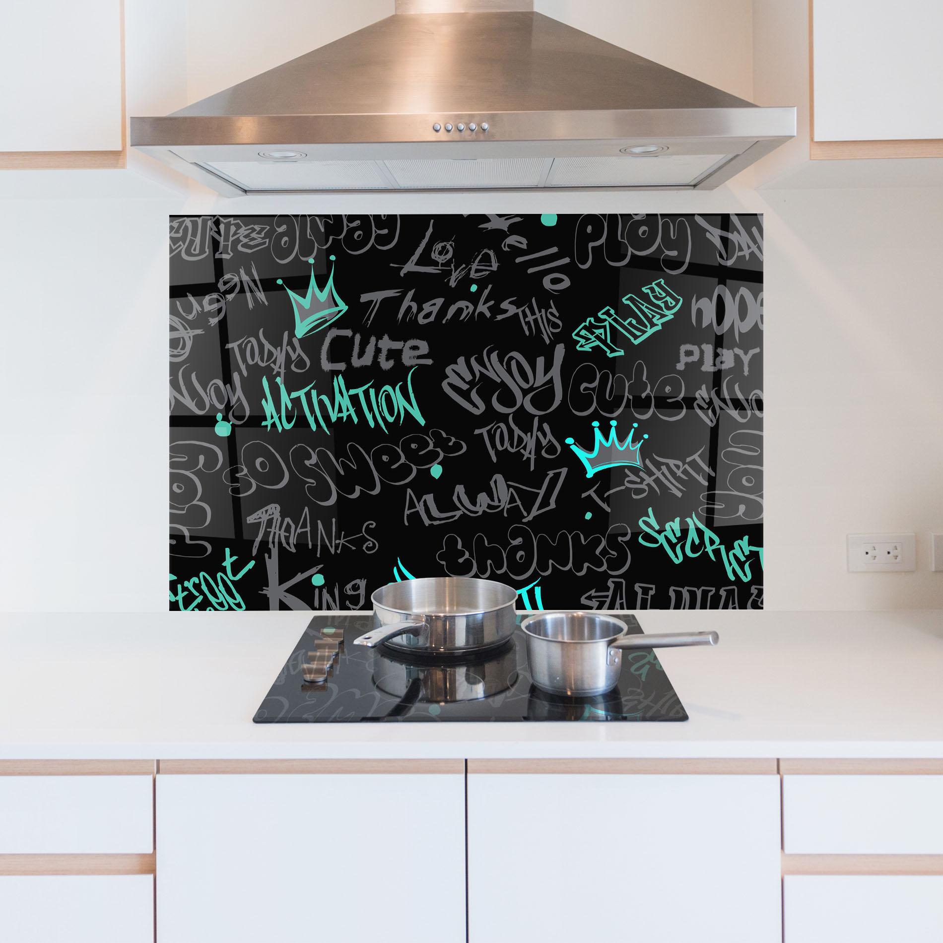 Panou Sticla Bucatarie Blue Grey Graffiti mockup 5