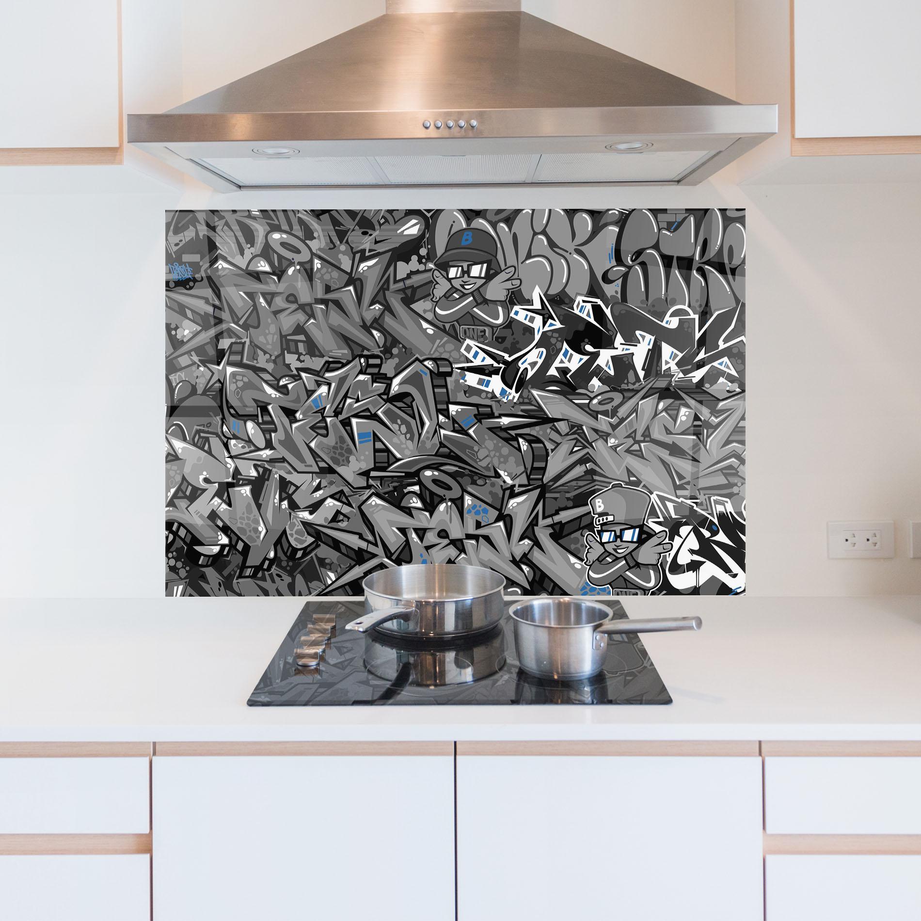 Panou Sticla Bucatarie Grey Blue Graffiti mockup 5