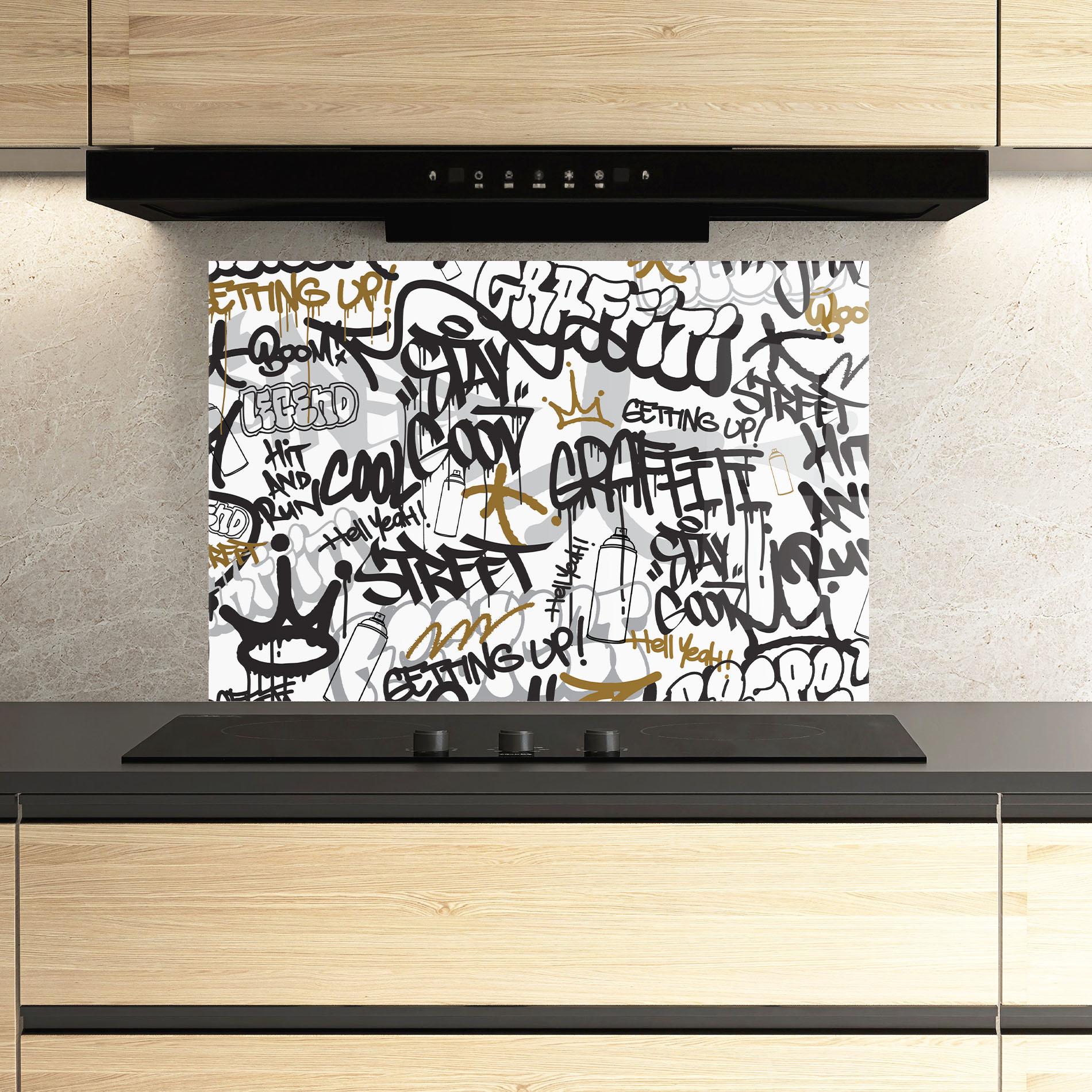 Panou Sticla Bucatarie Black Yellow Graffiti mockup 3