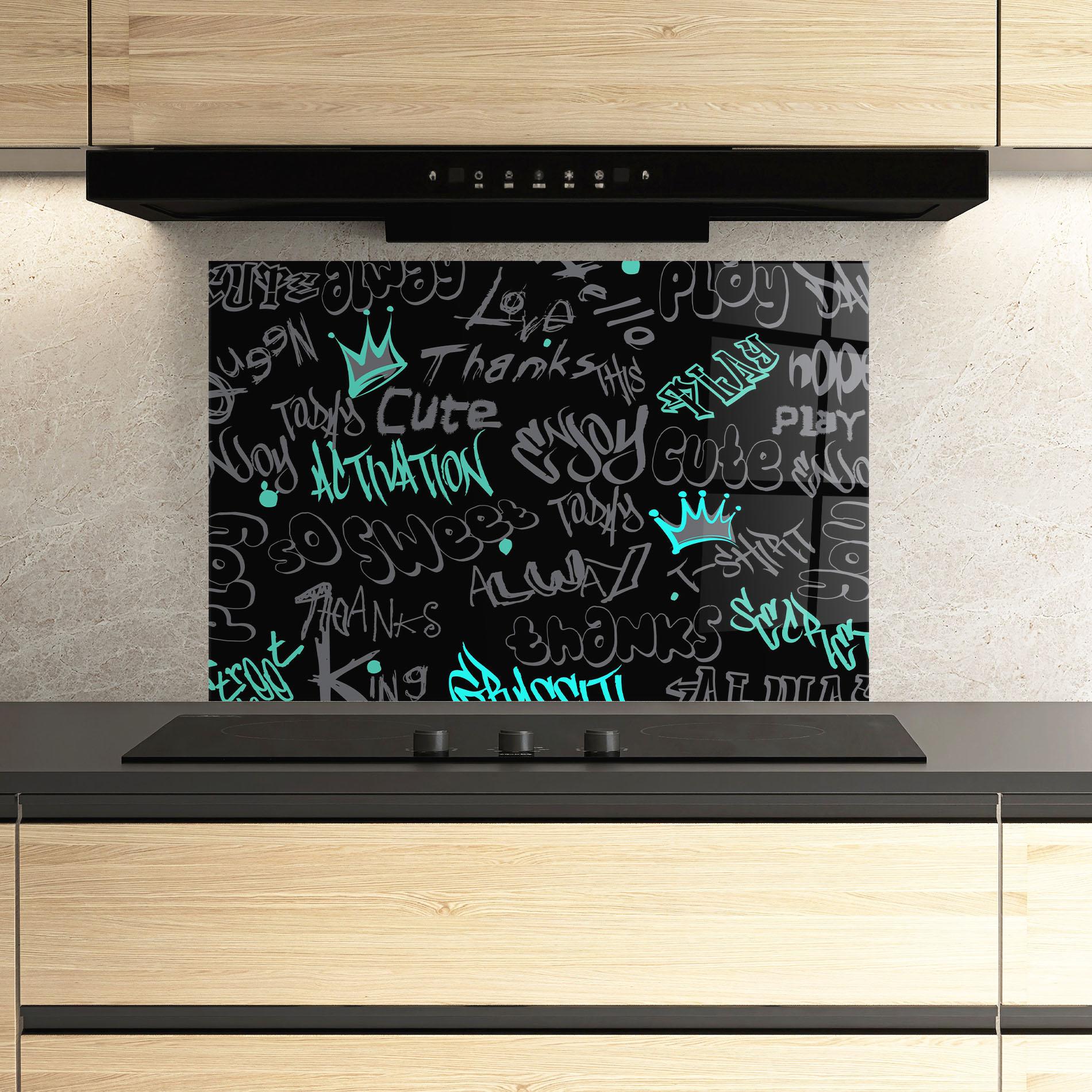 Panou Sticla Bucatarie Blue Grey Graffiti mockup 3