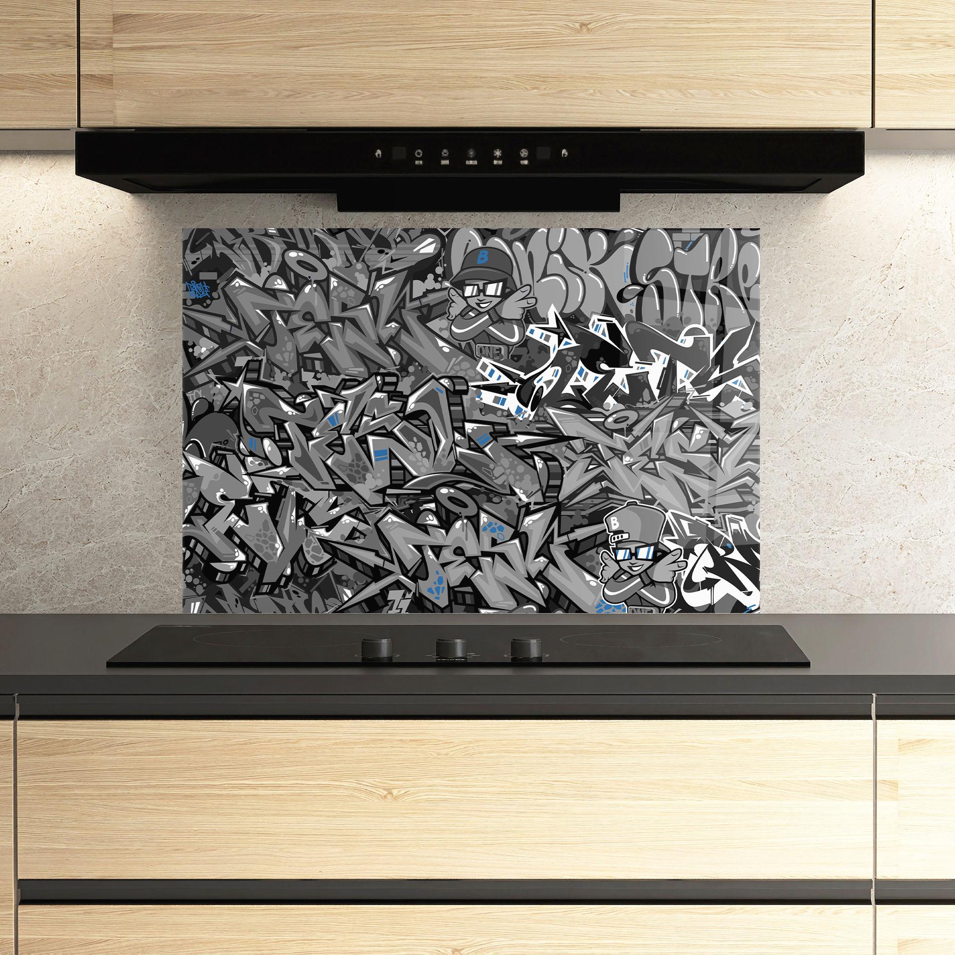 Panou Sticla Bucatarie Grey Blue Graffiti mockup 3