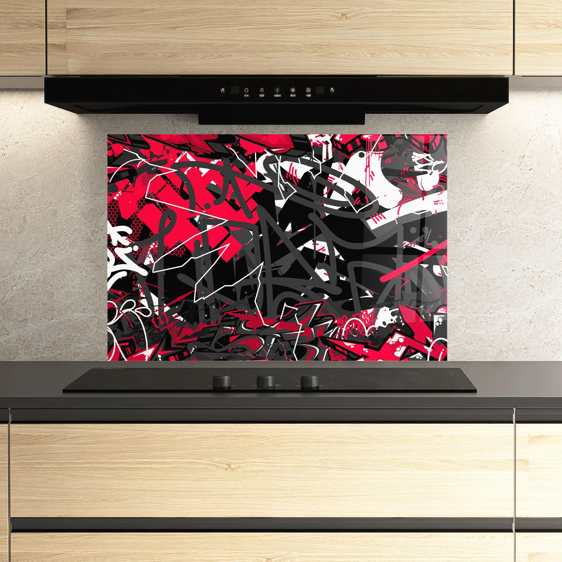 Panou Sticla Bucatarie Grey Red Graffiti mockup 3