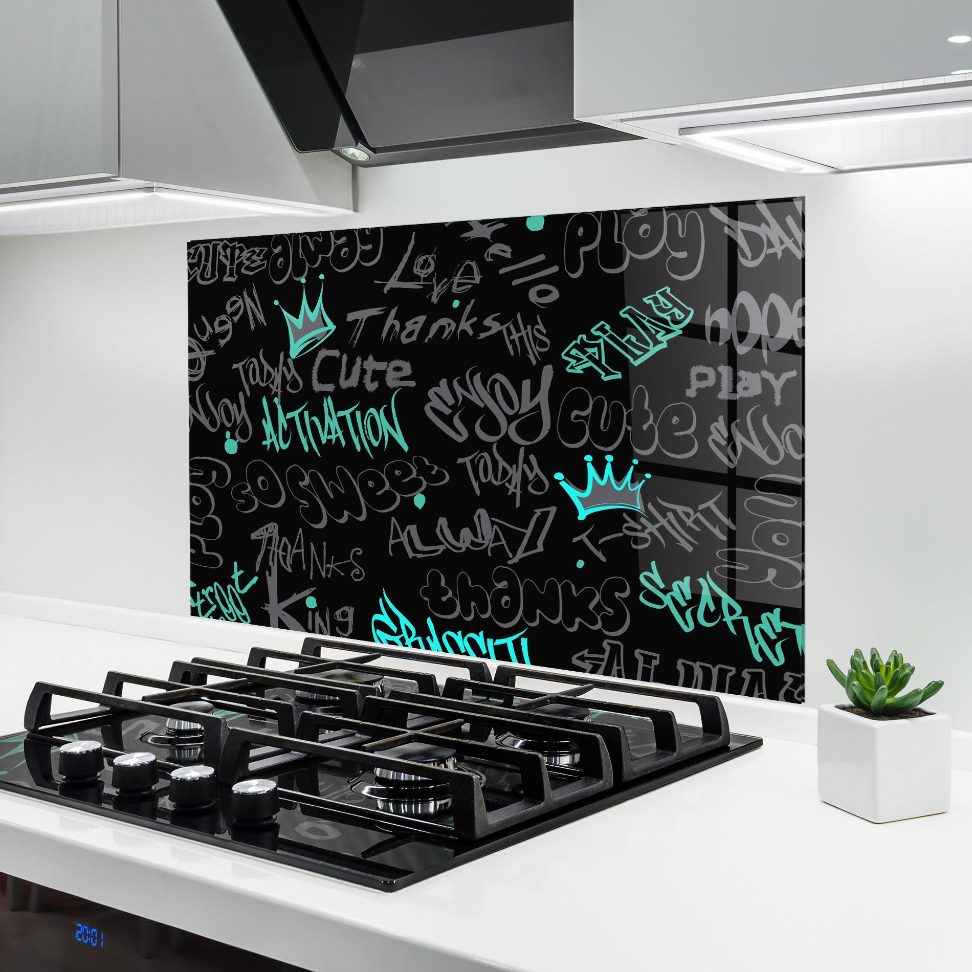 Panou Sticla Bucatarie Blue Grey Graffiti mockup 6