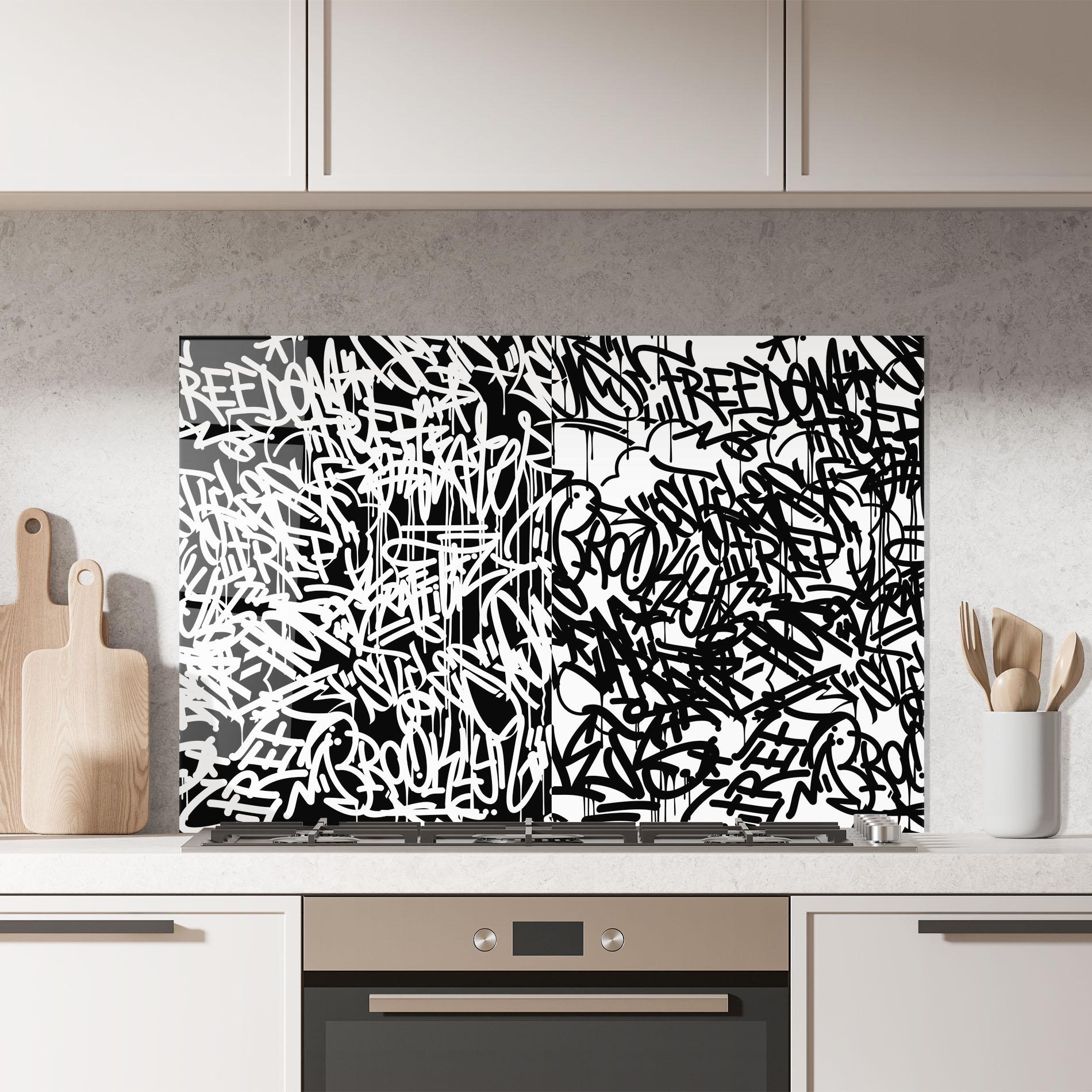 Panou Sticla Bucatarie Black White Graffiti mockup 7