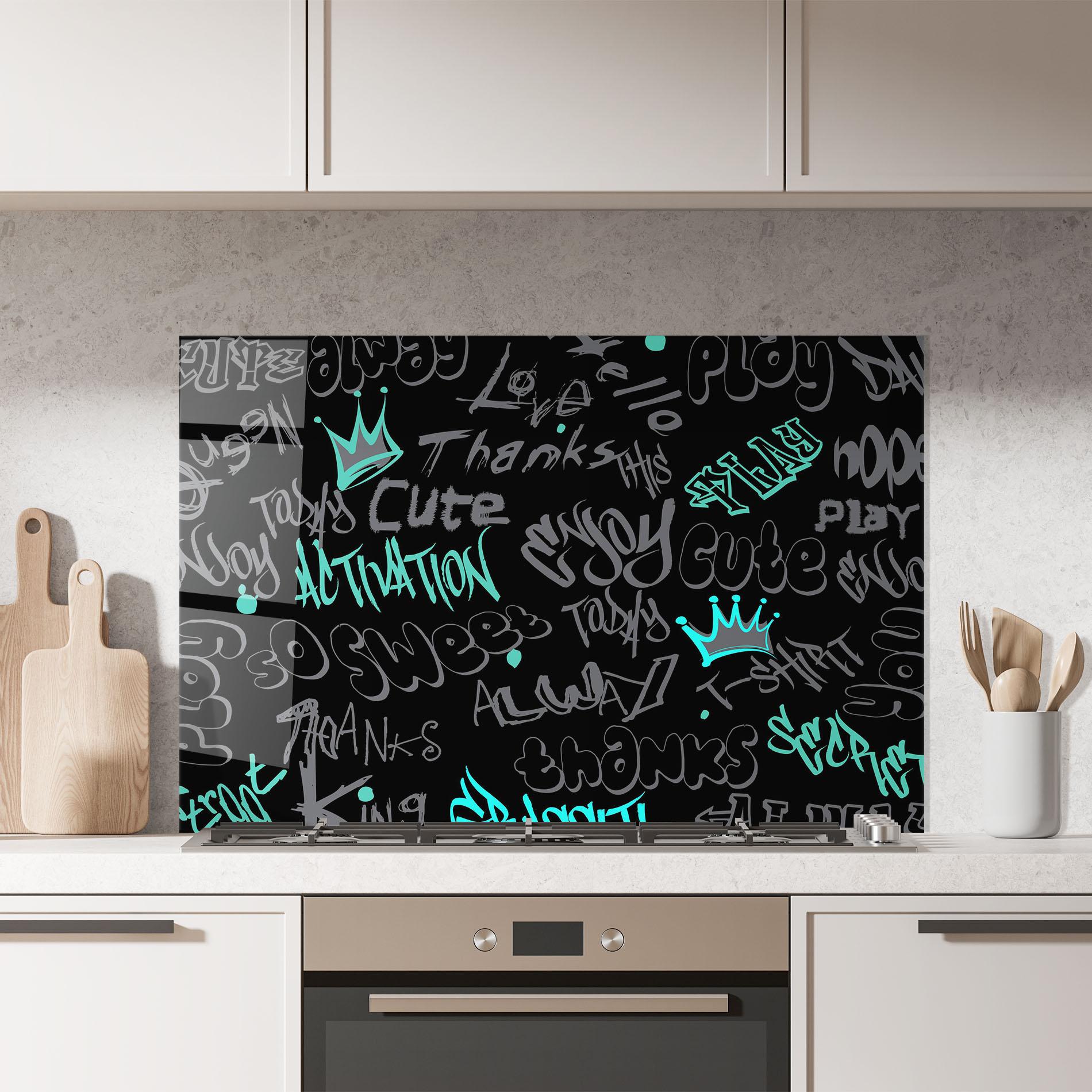 Panou Sticla Bucatarie Blue Grey Graffiti mockup 7