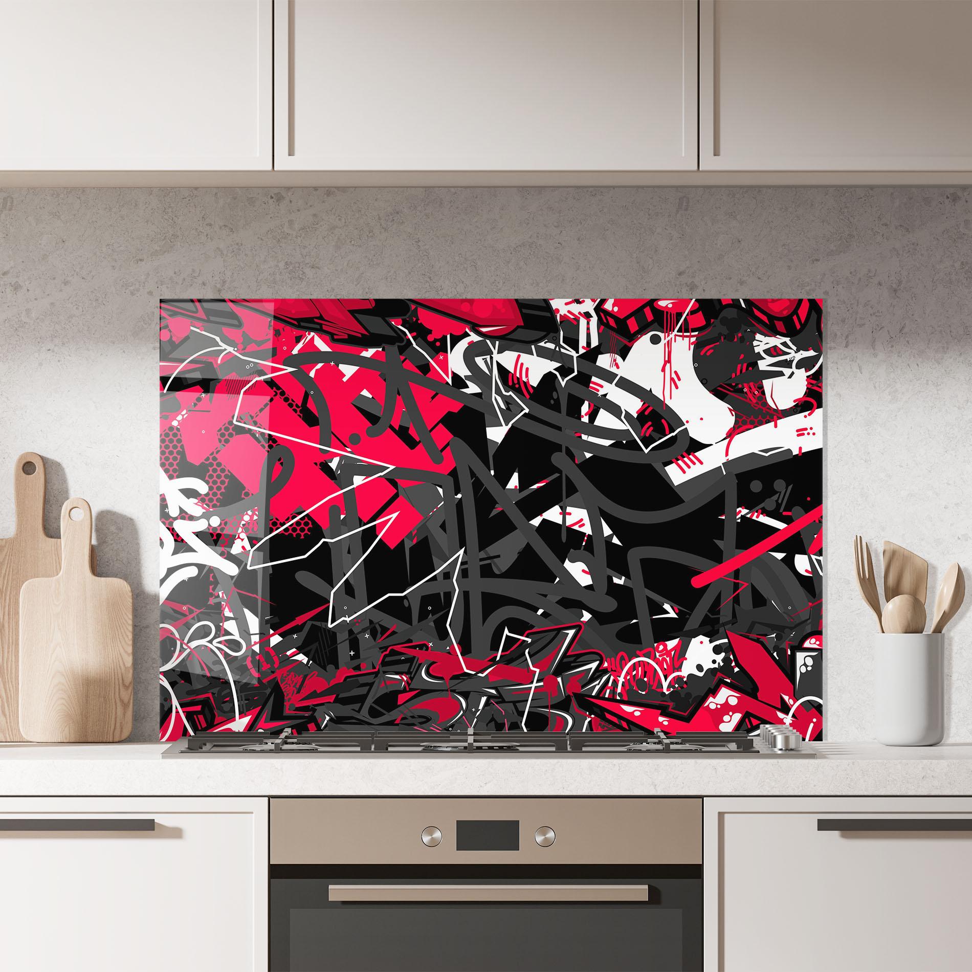 Panou Sticla Bucatarie Grey Red Graffiti mockup 7
