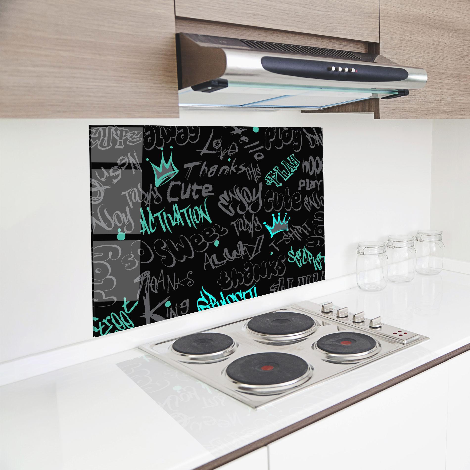 Panou Sticla Bucatarie Blue Grey Graffiti mockup 8