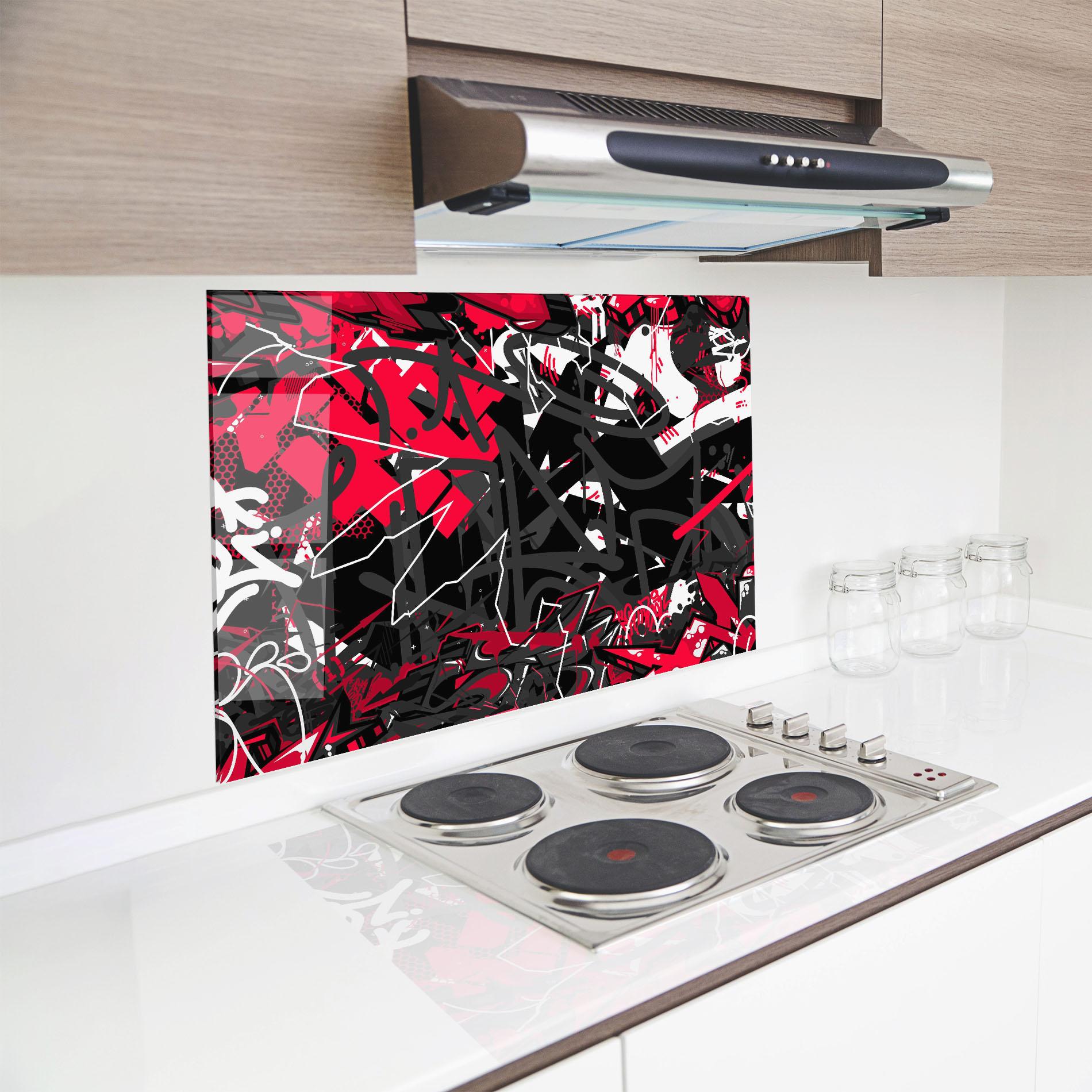 Panou Sticla Bucatarie Grey Red Graffiti mockup 8