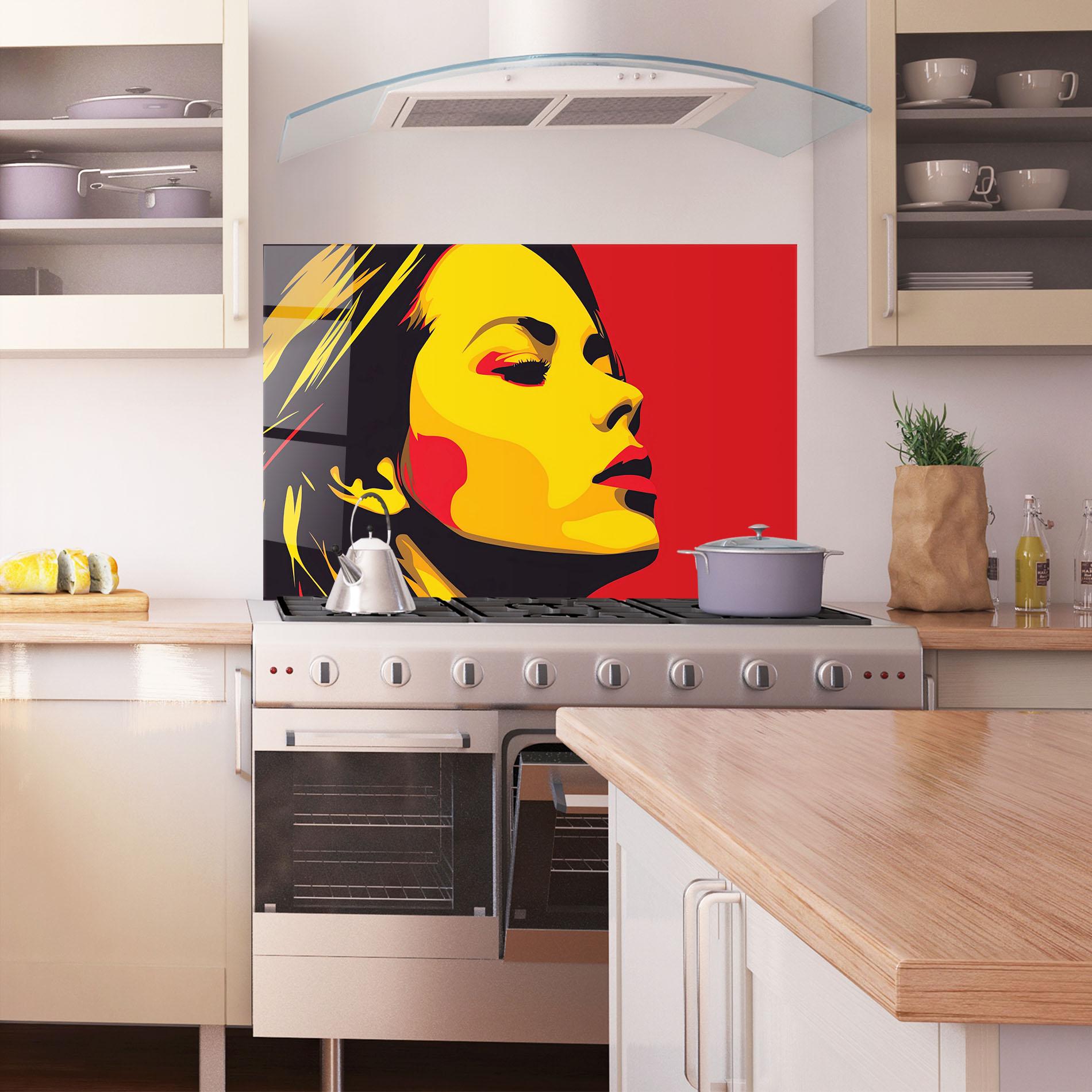 Panou Sticla Bucatarie Pop Red Yellow Girl mockup 1