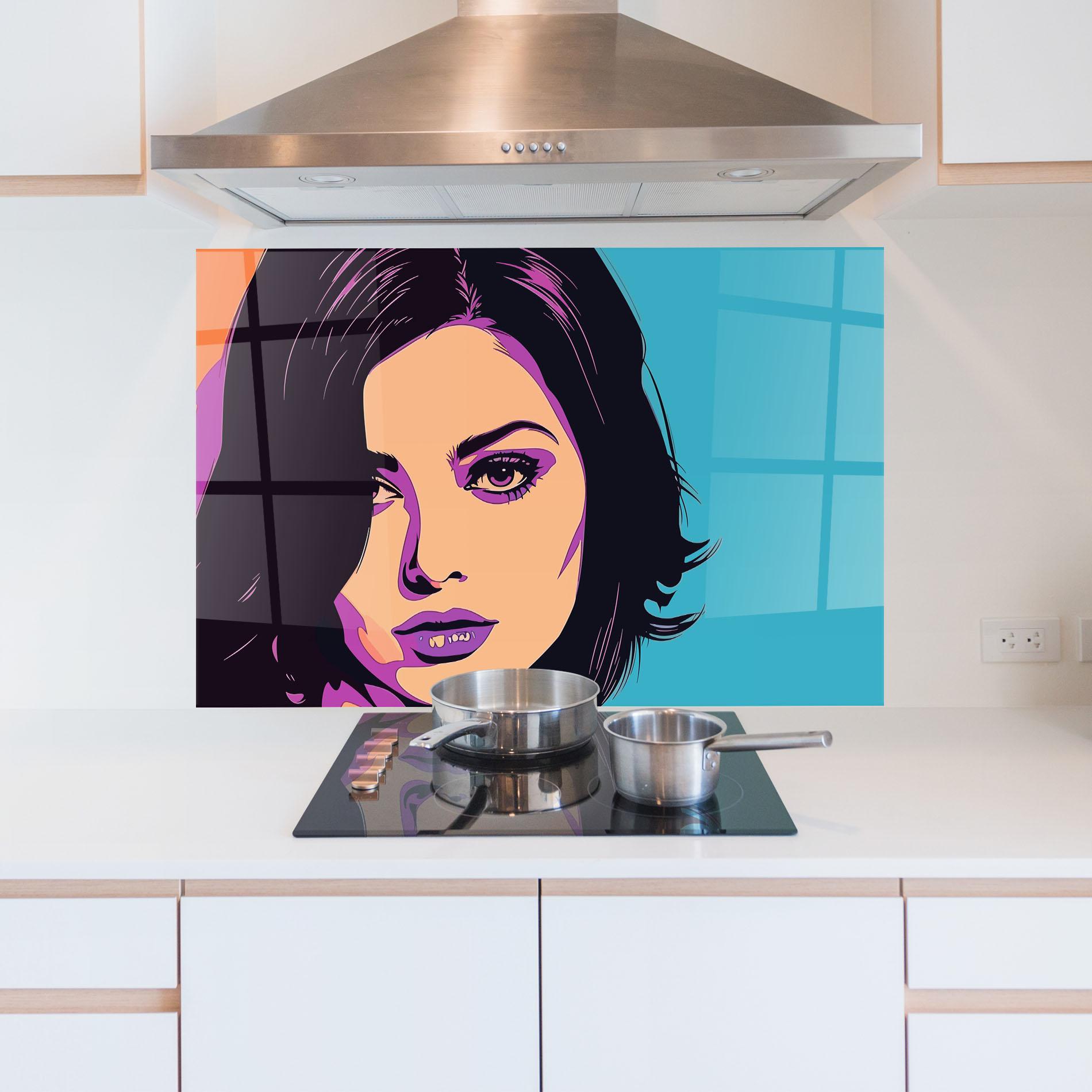 Panou Sticla Bucatarie Pop Purple Woman mockup 5