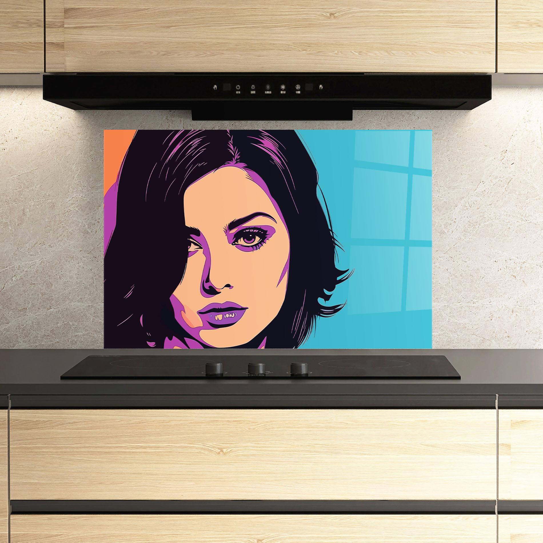 Panou Sticla Bucatarie Pop Purple Woman mockup 3