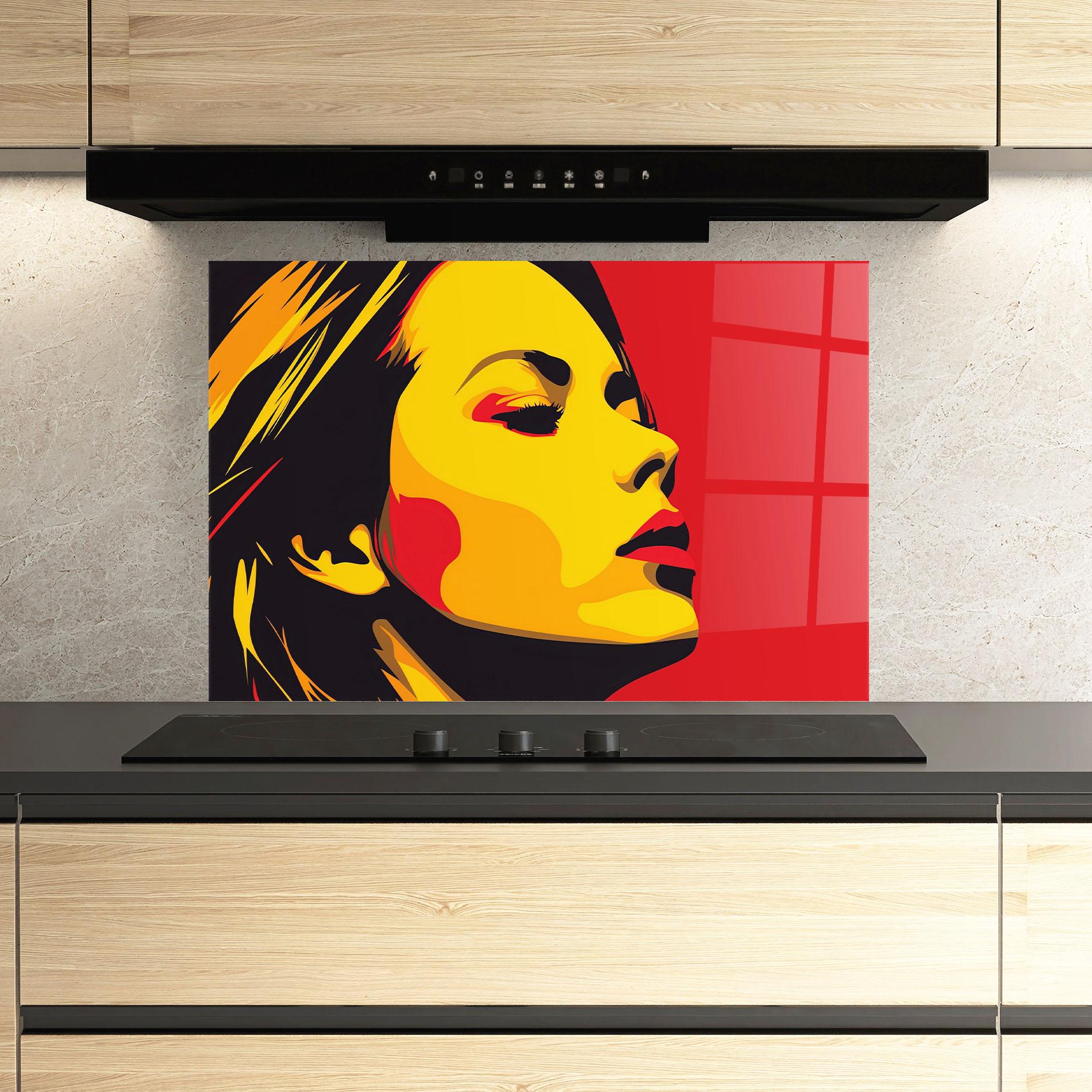 Panou Sticla Bucatarie Pop Red Yellow Girl mockup 3