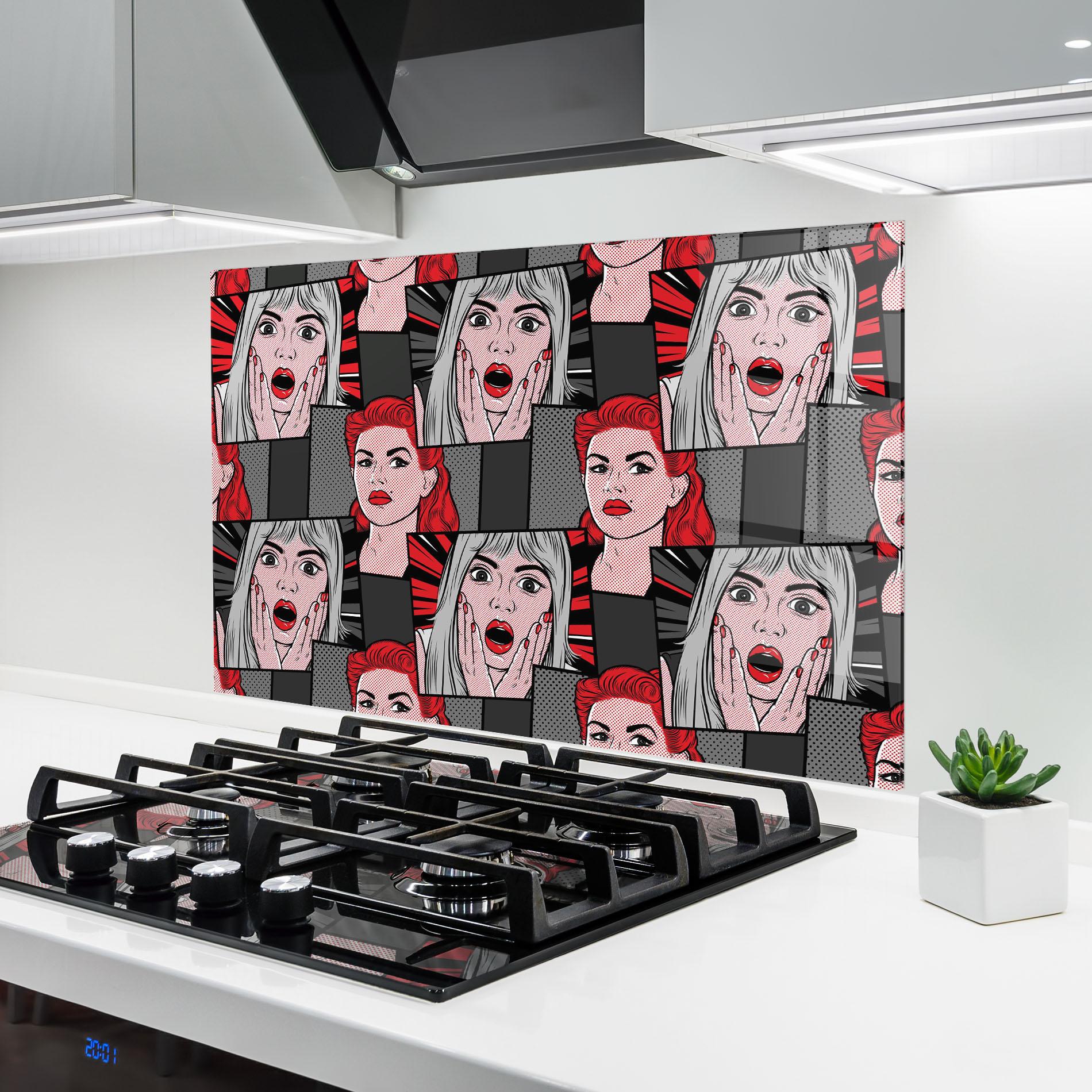 Panou Sticla Bucatarie Grey Red Pop Art mockup 6