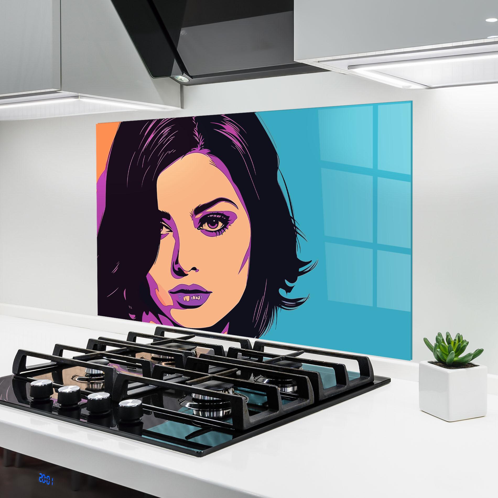 Panou Sticla Bucatarie Pop Purple Woman mockup 6