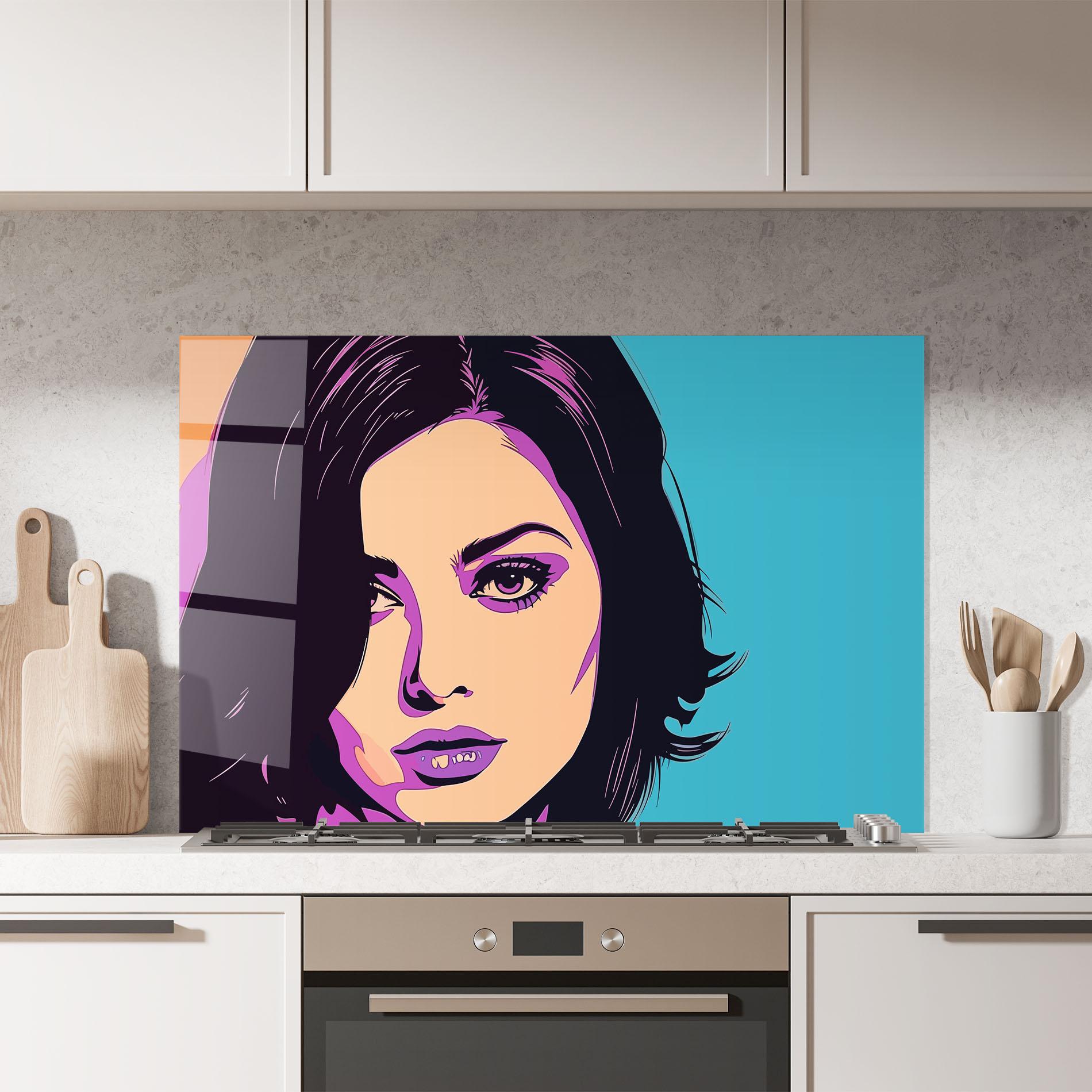 Panou Sticla Bucatarie Pop Purple Woman mockup 7