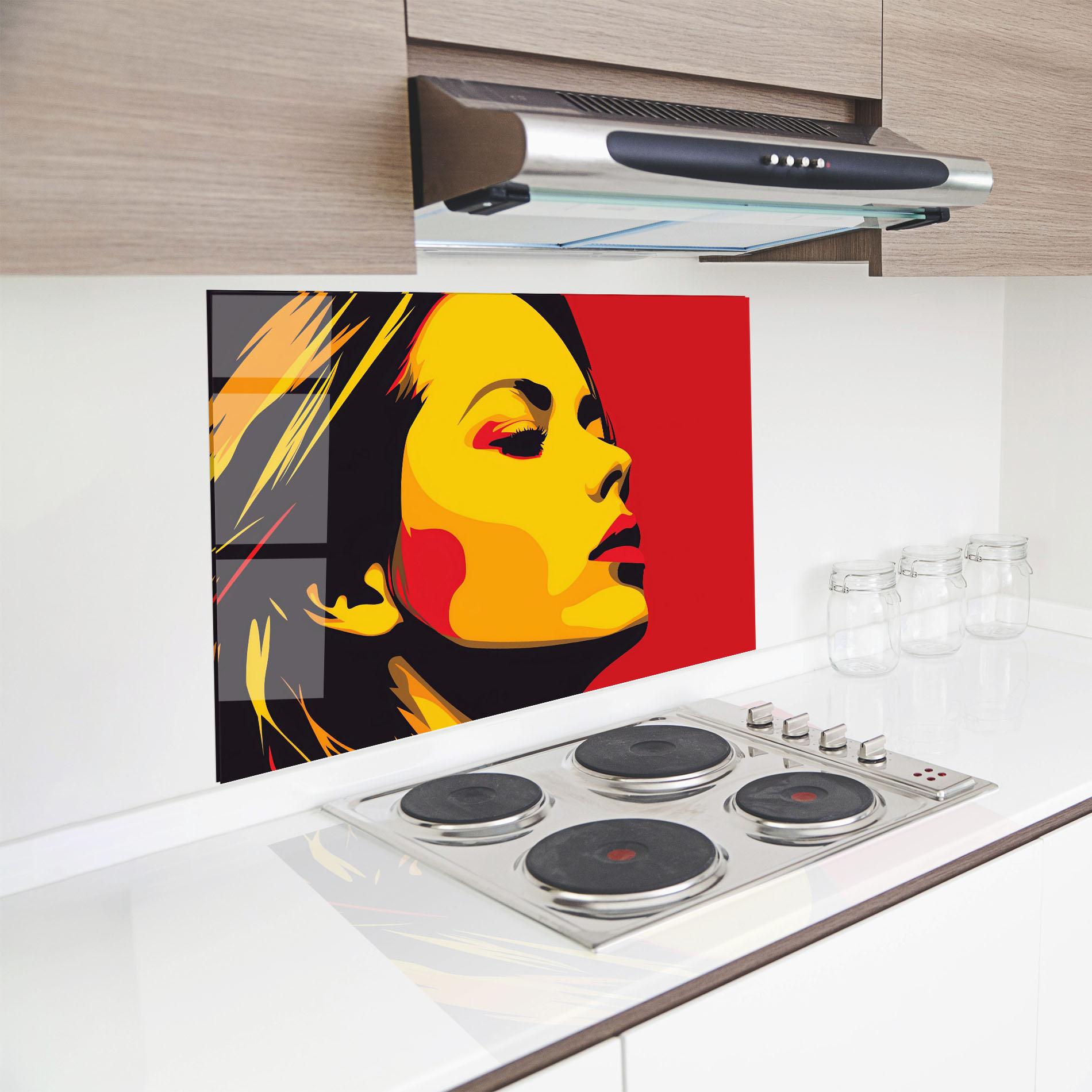 Panou Sticla Bucatarie Pop Red Yellow Girl mockup 8