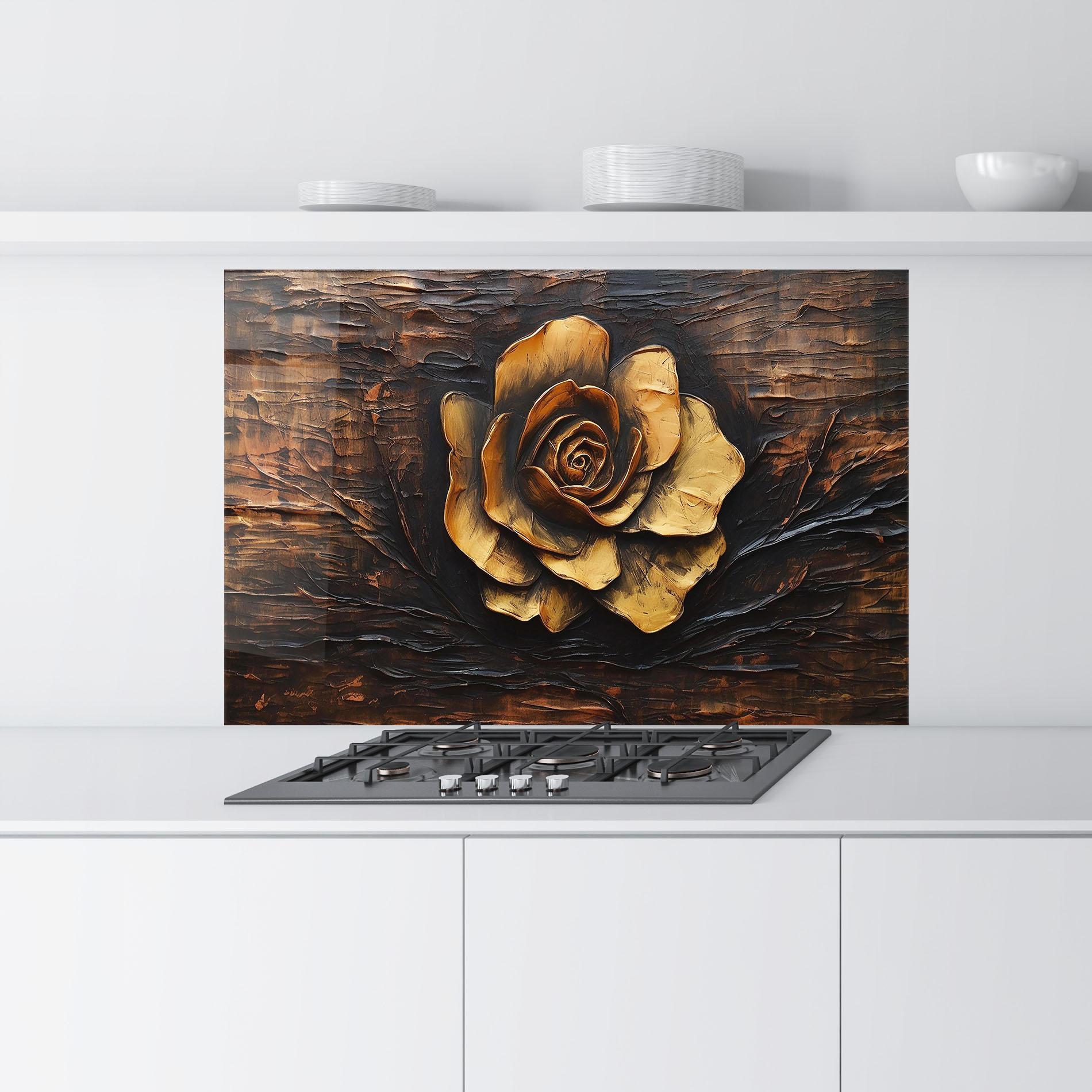 Panou Sticla Bucatarie Gold Rose On Wood mockup 9