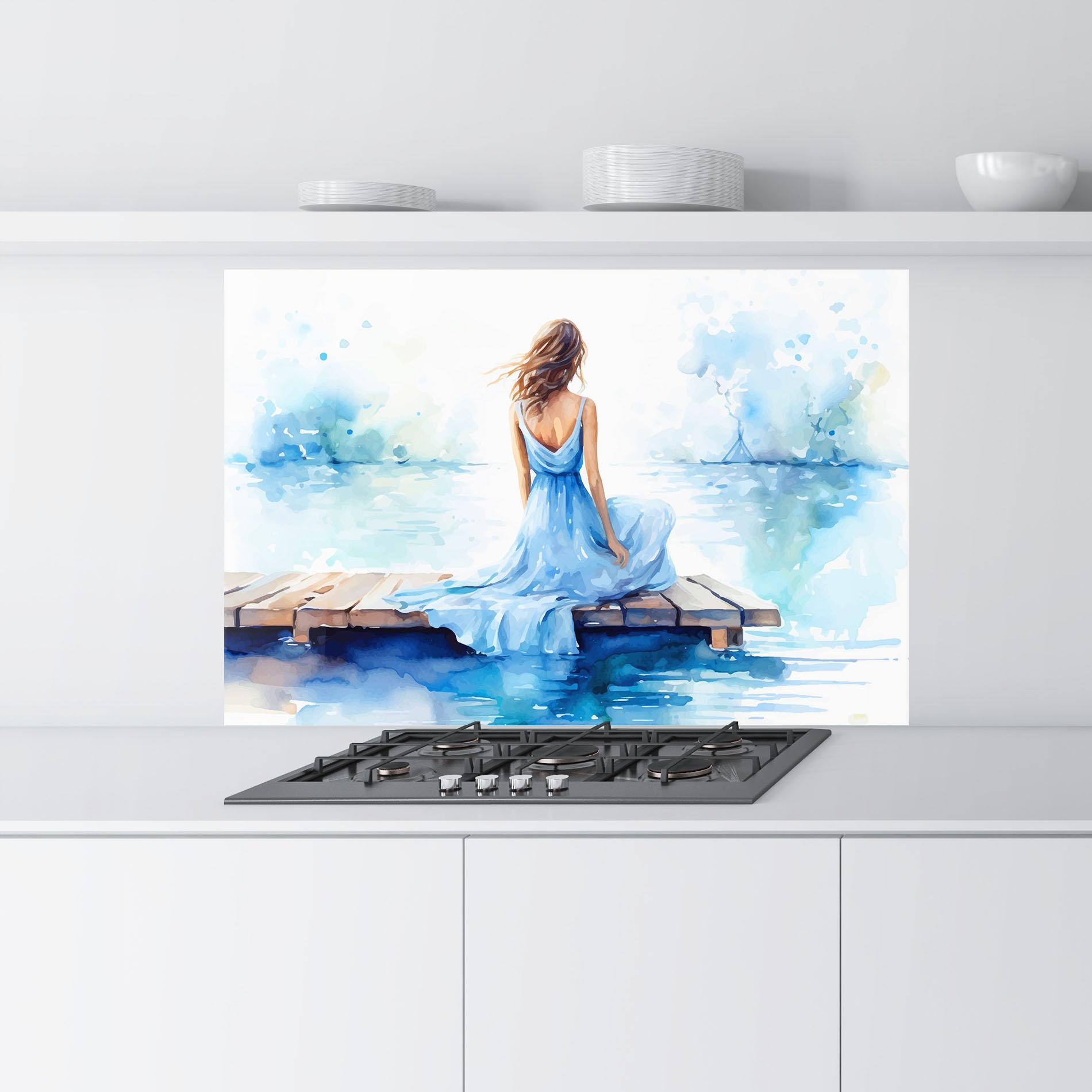 Panou Sticla Bucatarie Lake Blue Woman mockup 9