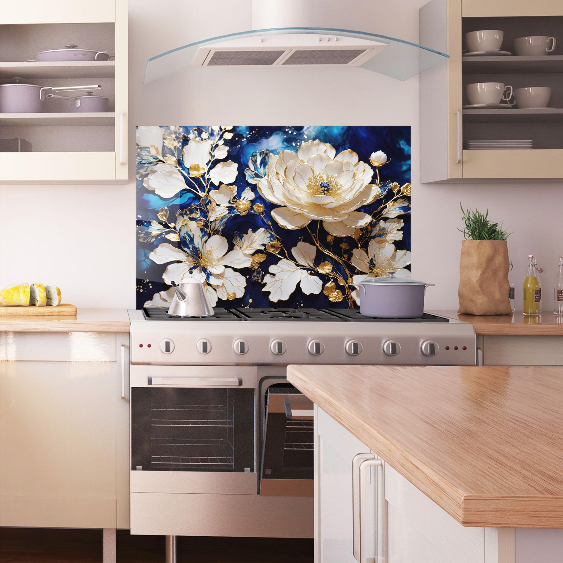 Panou Sticla Bucatarie Beautiful Golden White Rose mockup 1