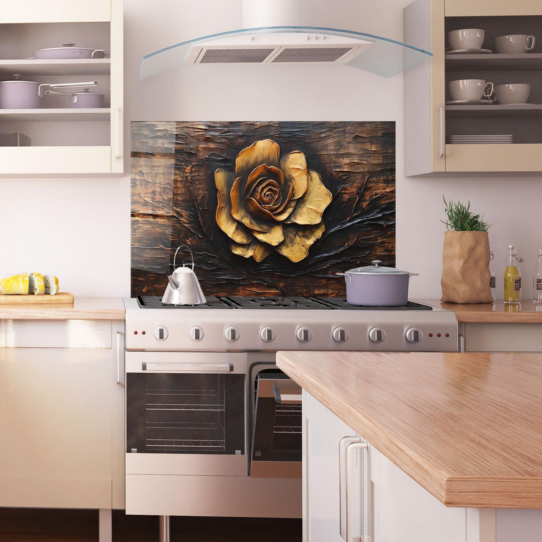 Panou Sticla Bucatarie Gold Rose On Wood mockup 1