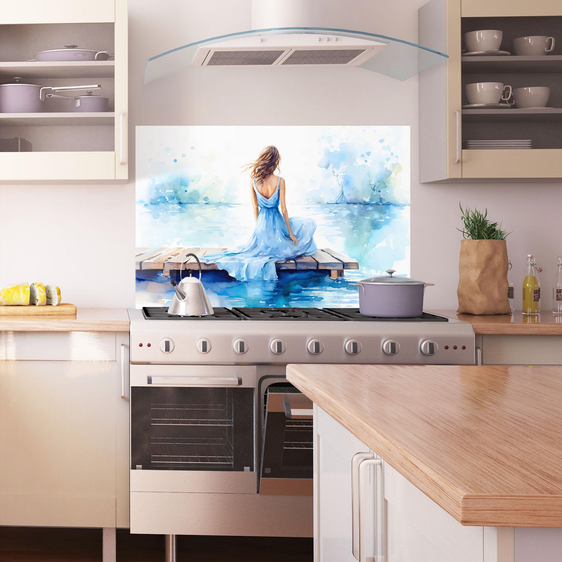 Panou Sticla Bucatarie Lake Blue Woman mockup 1