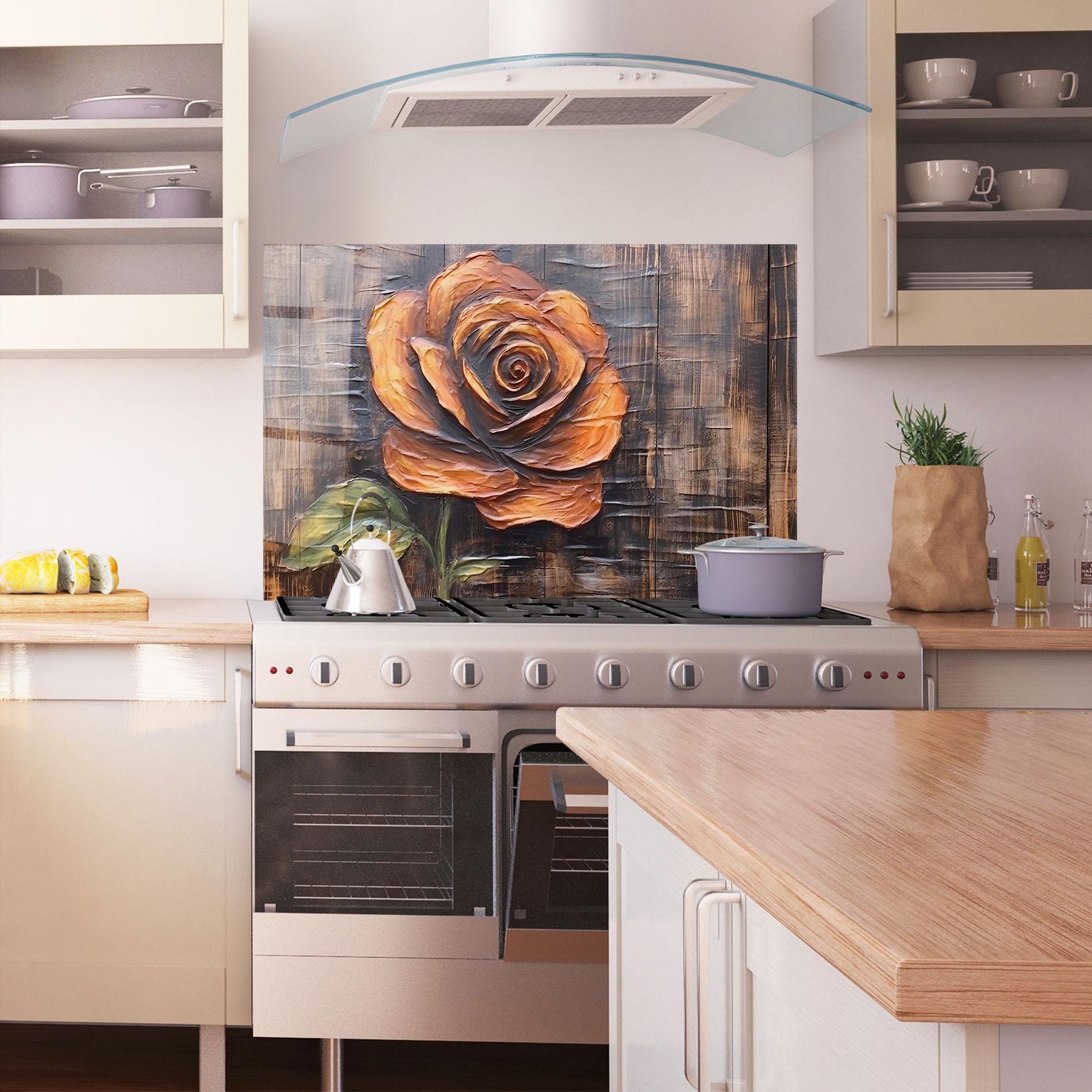 Panou Sticla Bucatarie Orange Rose On Wood mockup 1