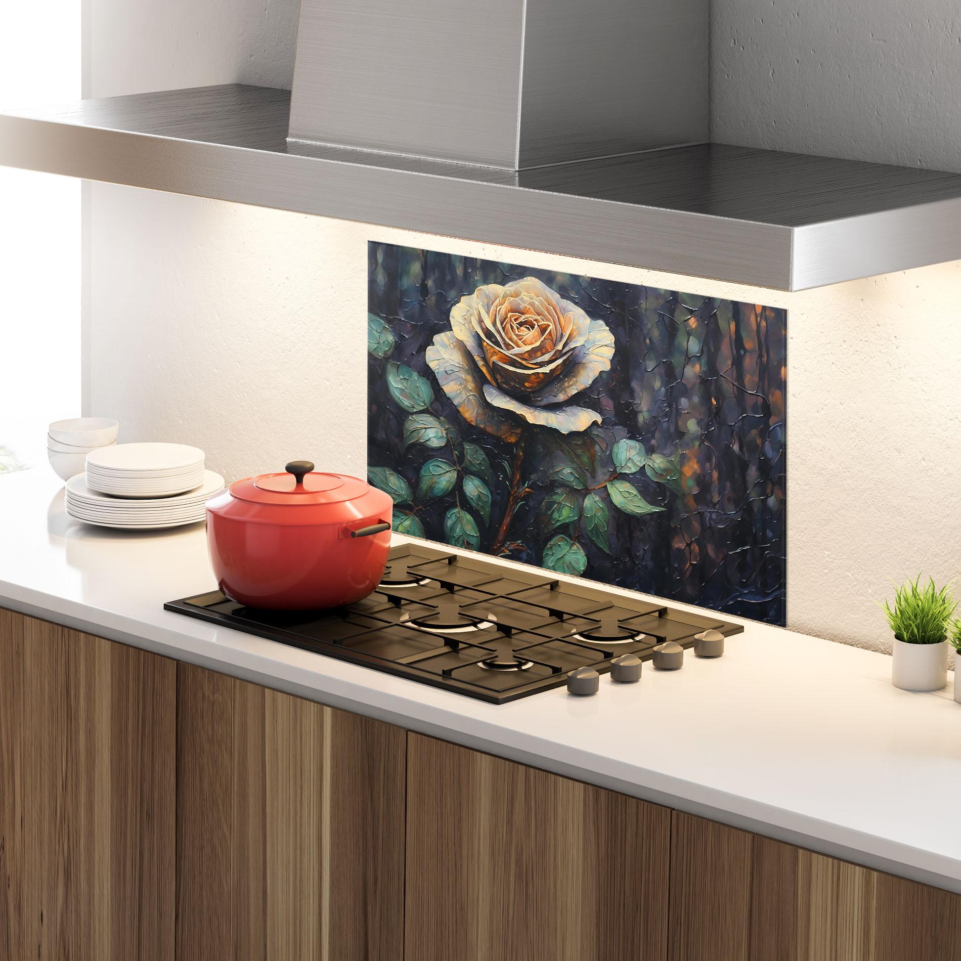 Panou Sticla Bucatarie Blue Yellow Rose Art mockup 4