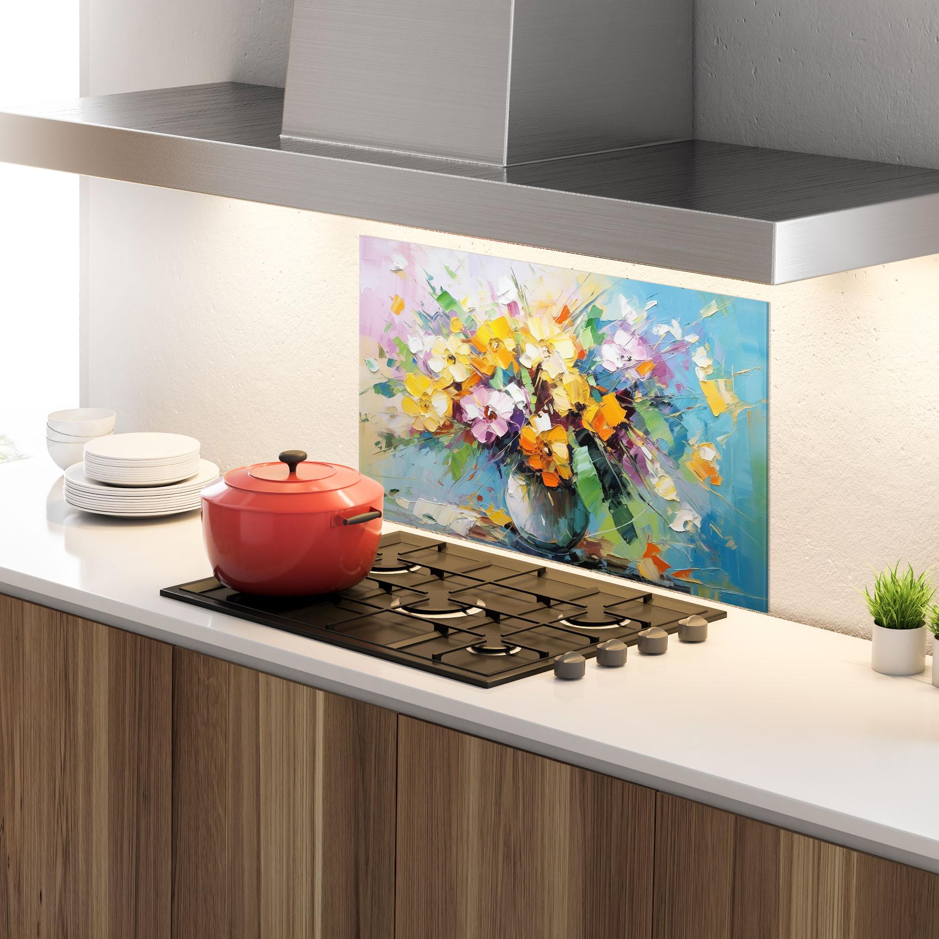 Panou Sticla Bucatarie Colorfull Flowers Painting mockup 4