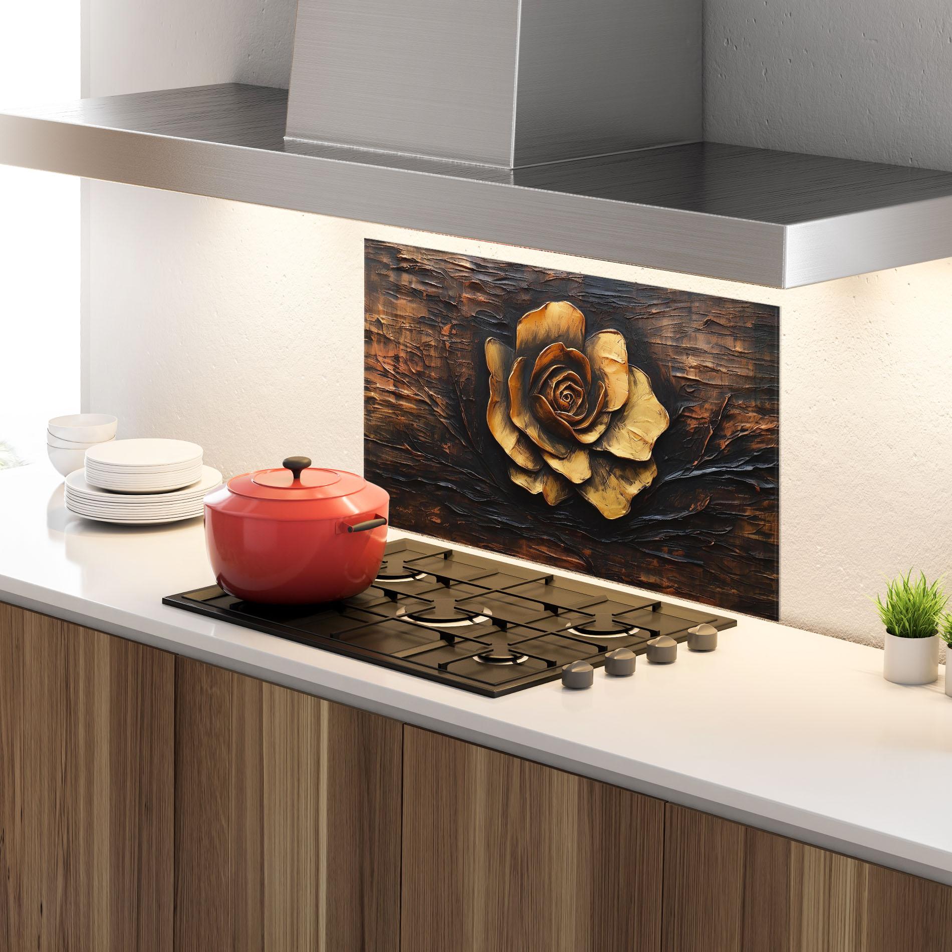Panou Sticla Bucatarie Gold Rose On Wood mockup 4