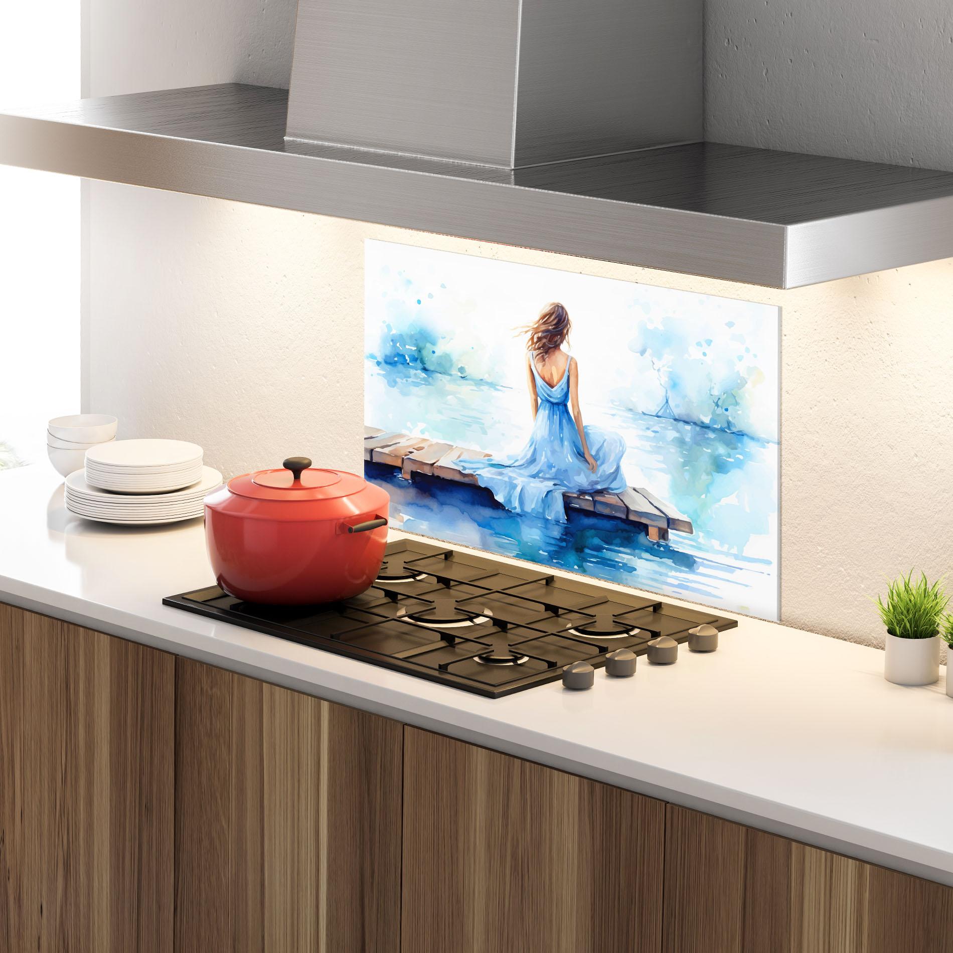 Panou Sticla Bucatarie Lake Blue Woman mockup 4