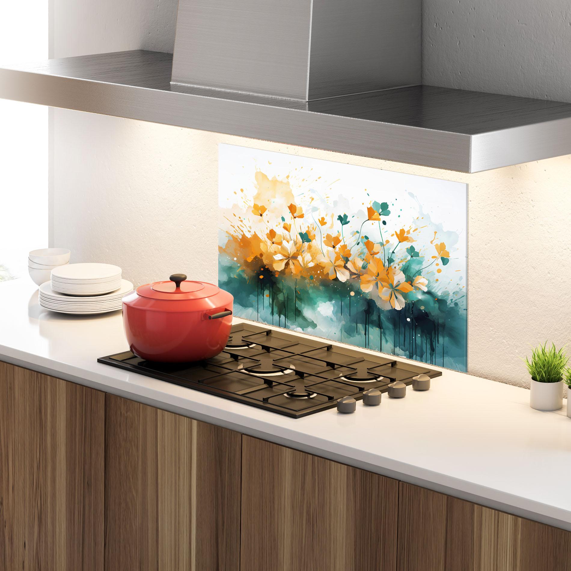 Panou Sticla Bucatarie Orange Green Flowers mockup 4