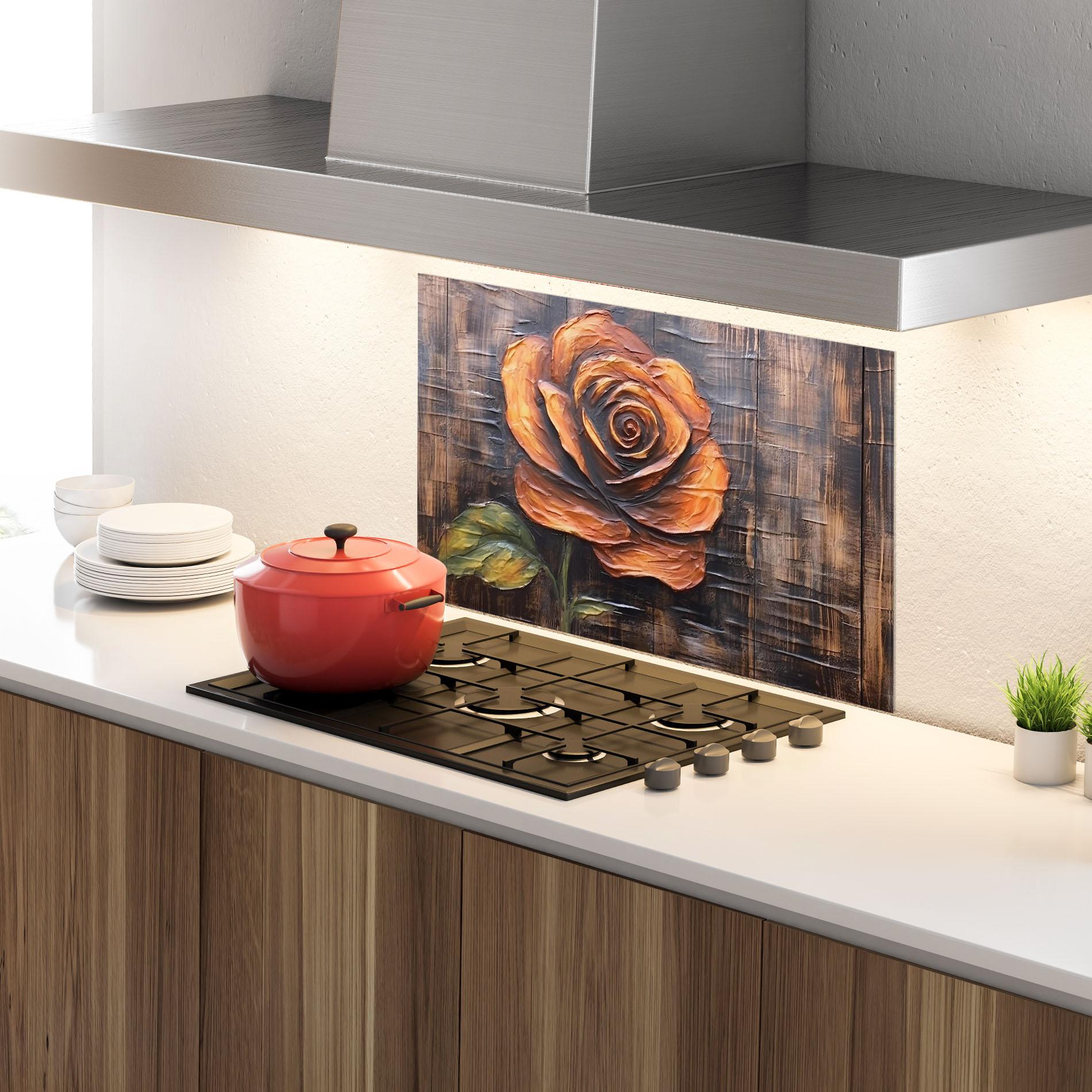 Panou Sticla Bucatarie Orange Rose On Wood mockup 4