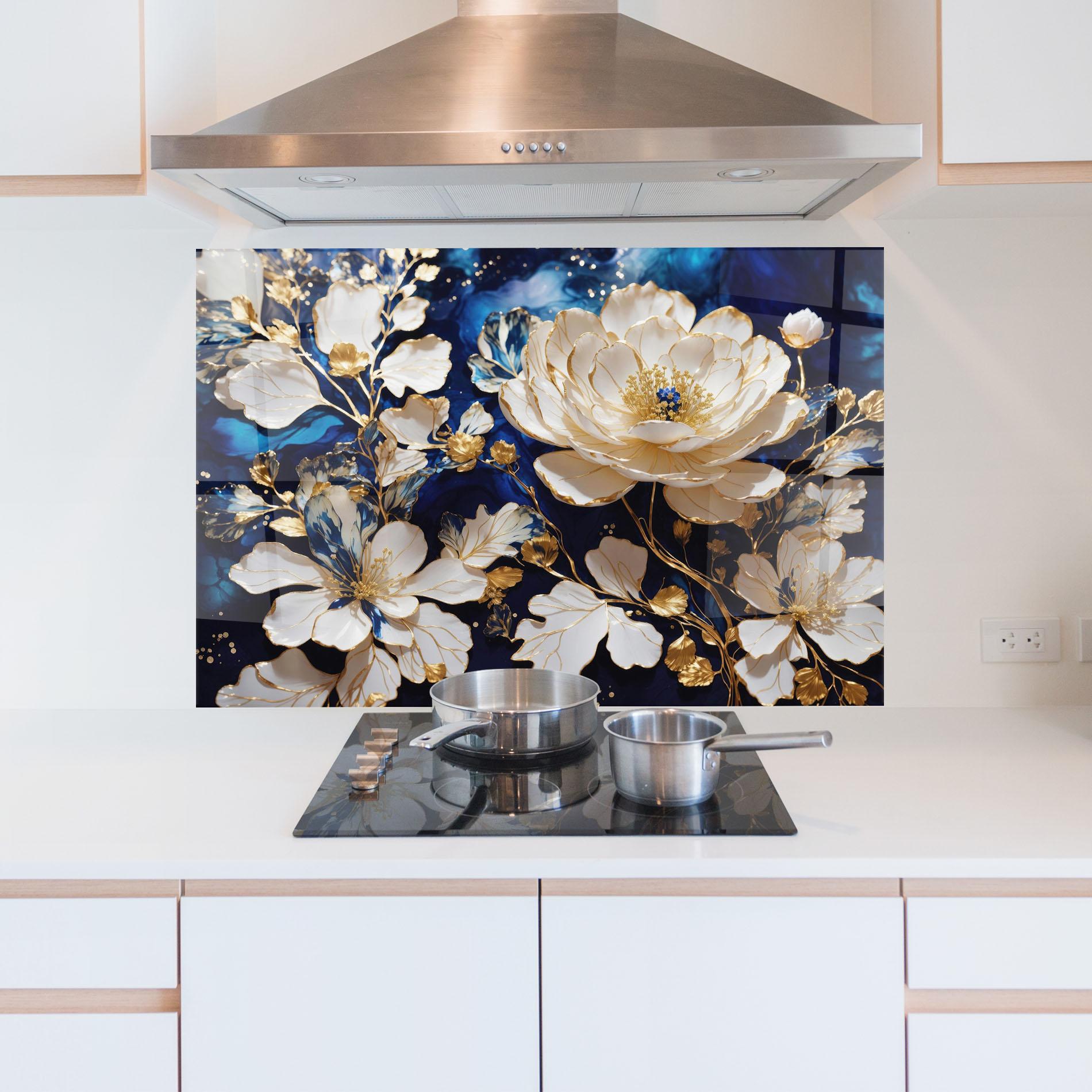 Panou Sticla Bucatarie Beautiful Golden White Rose mockup 5