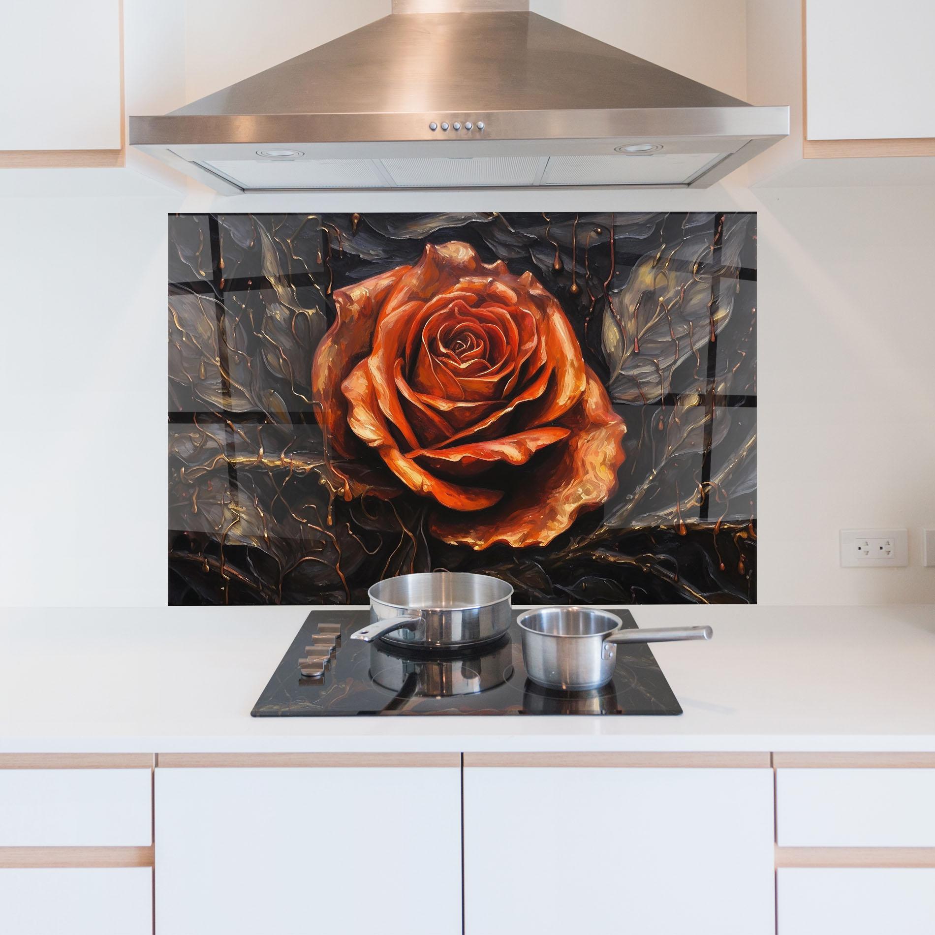 Panou Sticla Bucatarie Dark Orange Rose Art mockup 5