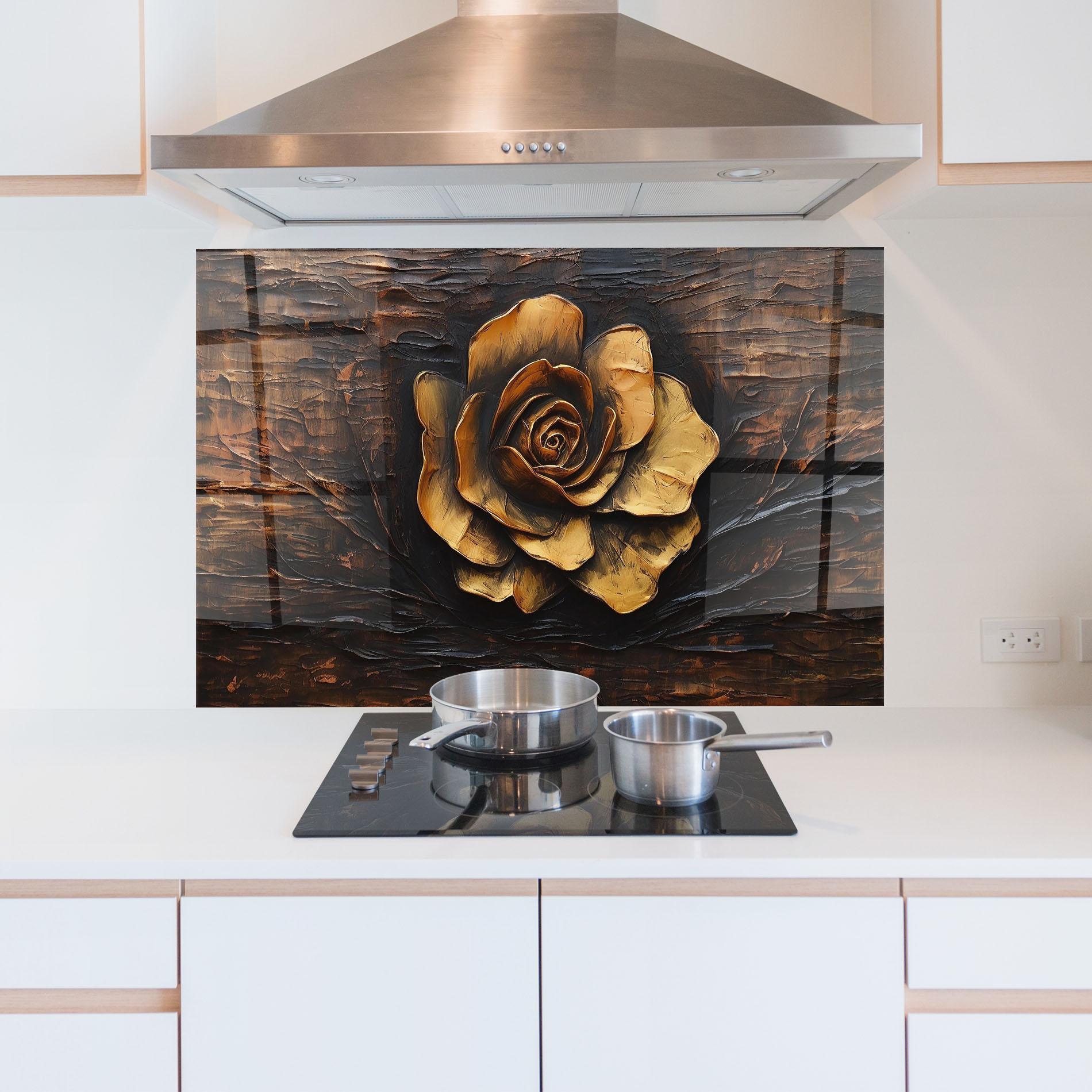 Panou Sticla Bucatarie Gold Rose On Wood mockup 5