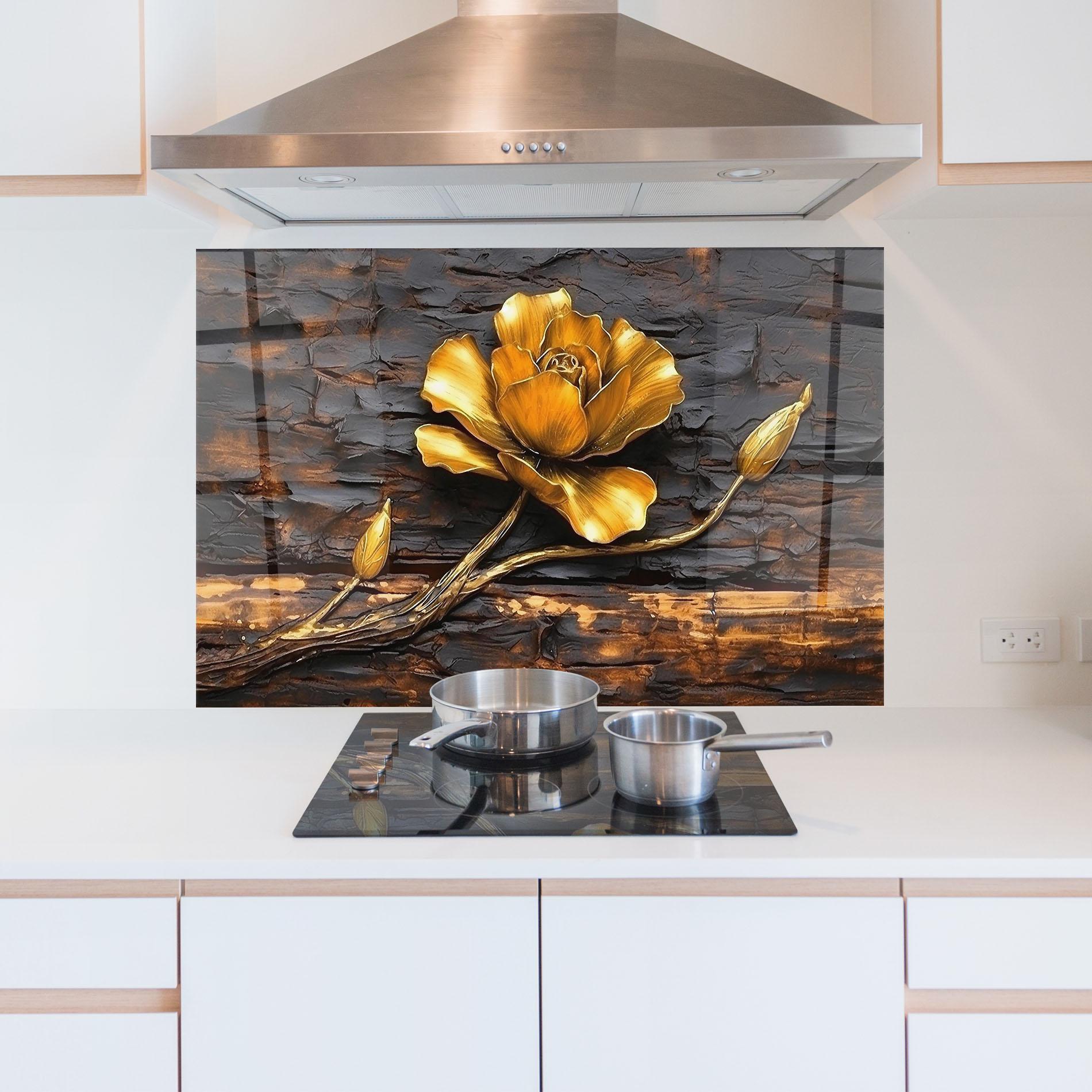 Panou Sticla Bucatarie Golden Rose On Wood mockup 5
