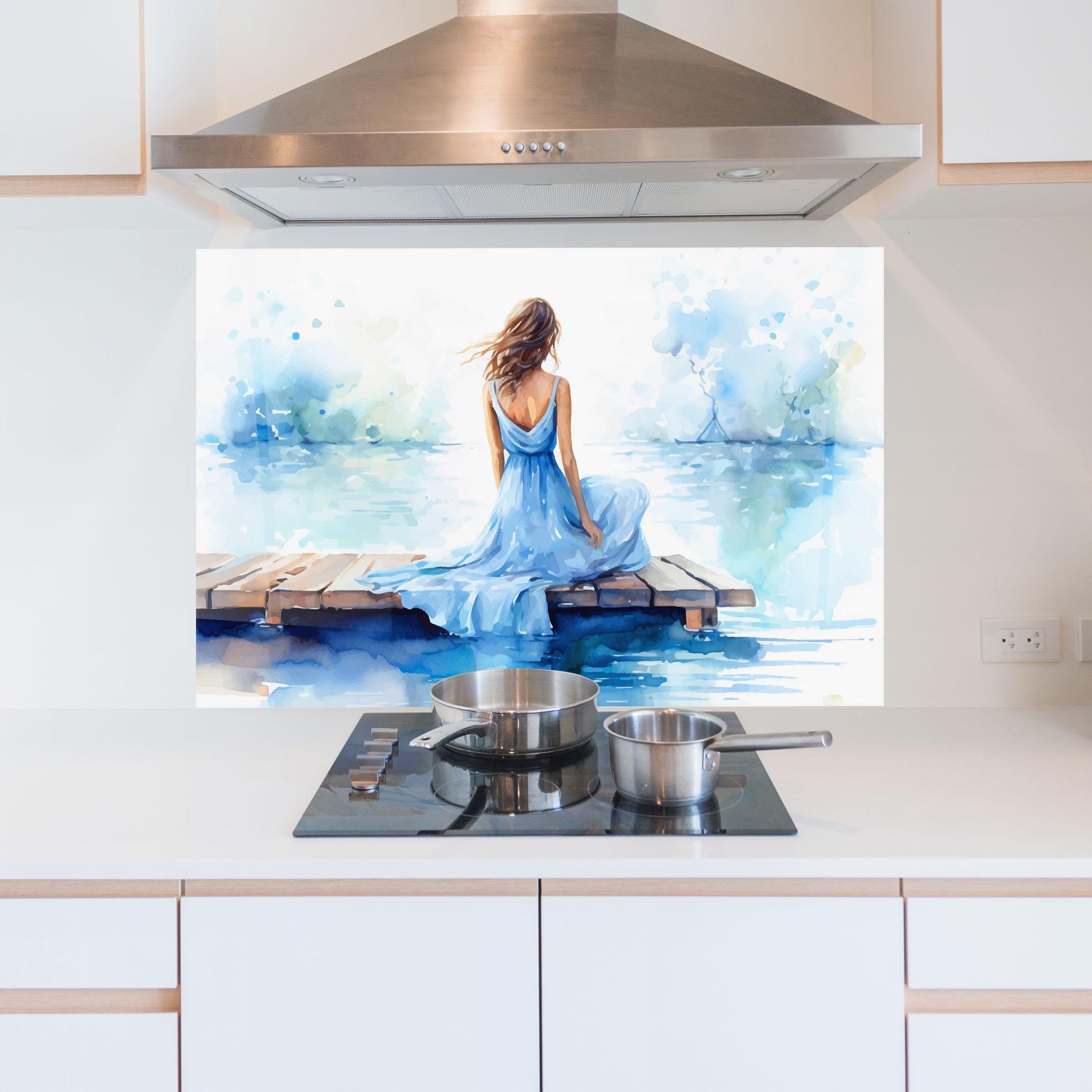 Panou Sticla Bucatarie Lake Blue Woman mockup 5