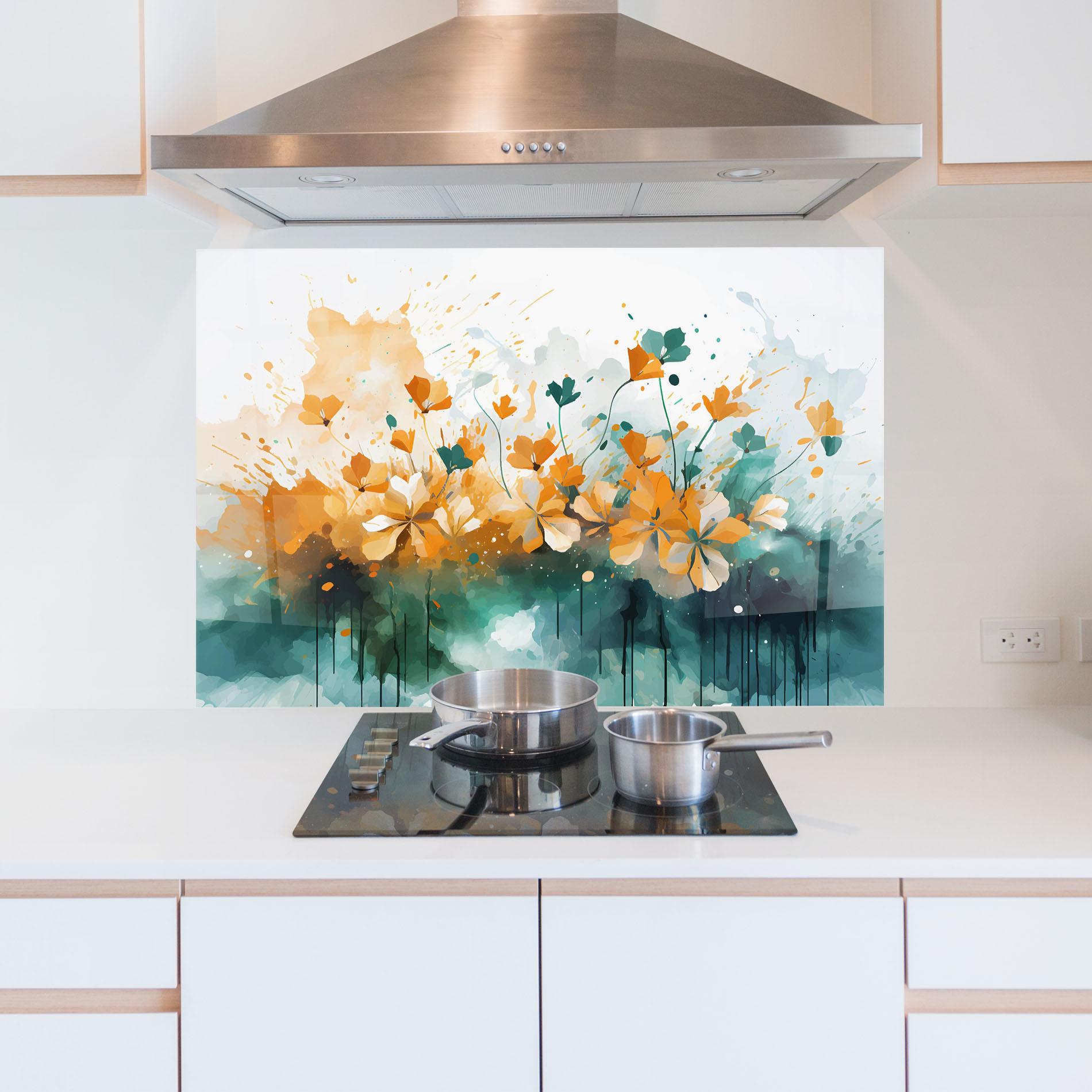 Panou Sticla Bucatarie Orange Green Flowers mockup 5