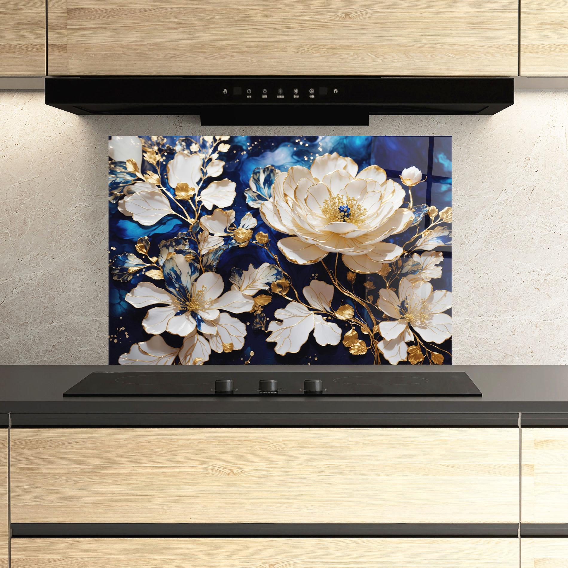 Panou Sticla Bucatarie Beautiful Golden White Rose mockup 3