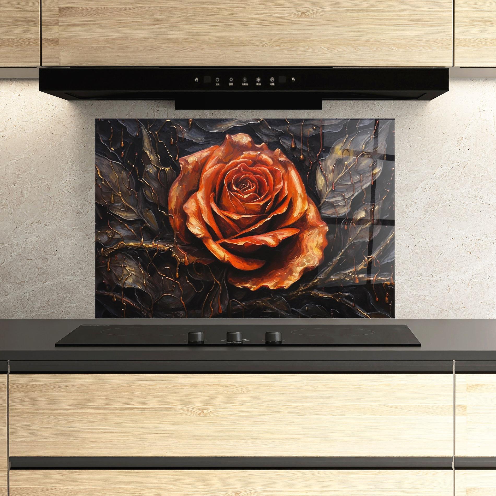 Panou Sticla Bucatarie Dark Orange Rose Art mockup 3