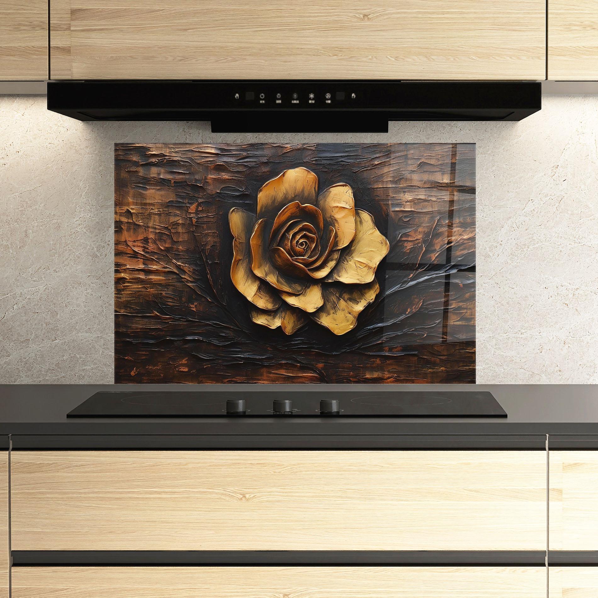 Panou Sticla Bucatarie Gold Rose On Wood mockup 3