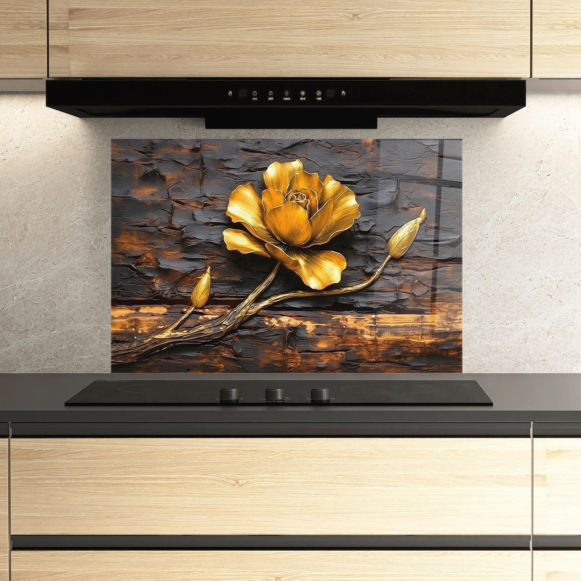 Panou Sticla Bucatarie Golden Rose On Wood mockup 3