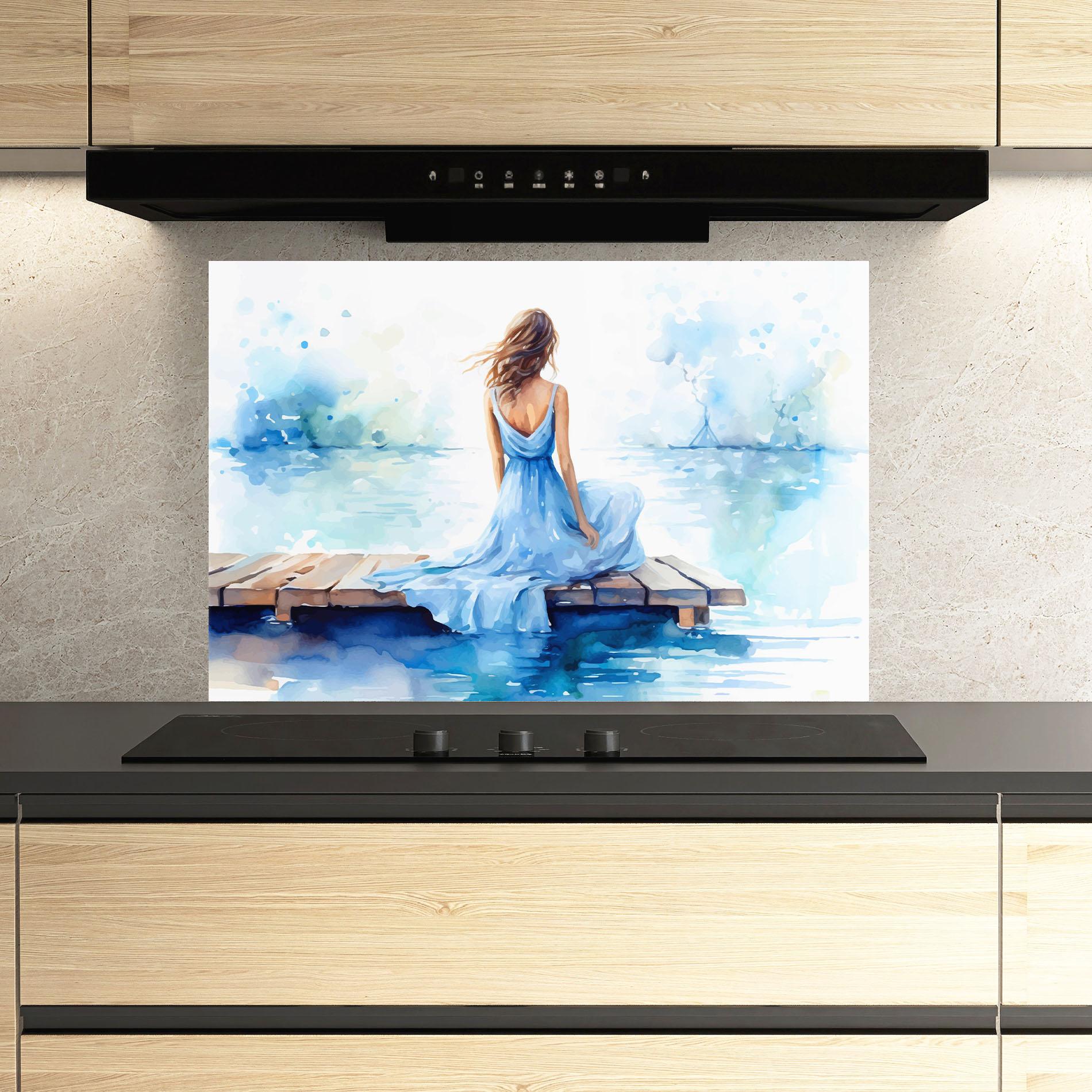 Panou Sticla Bucatarie Lake Blue Woman mockup 3