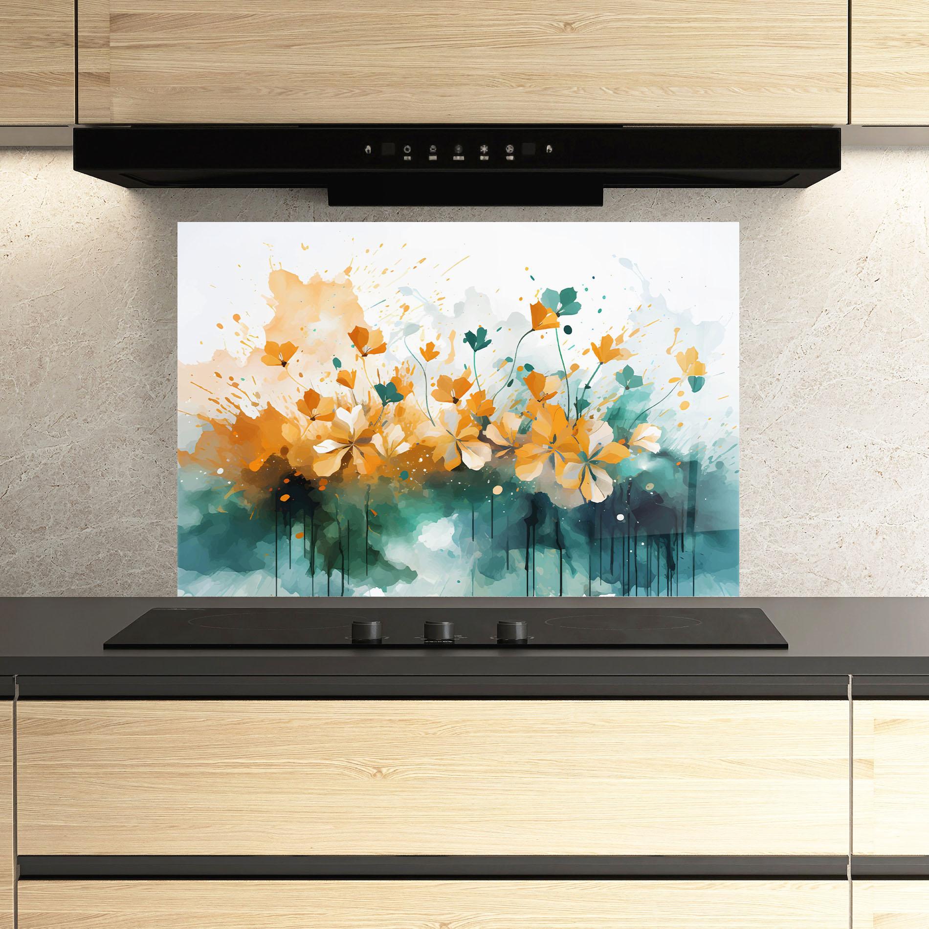 Panou Sticla Bucatarie Orange Green Flowers mockup 3