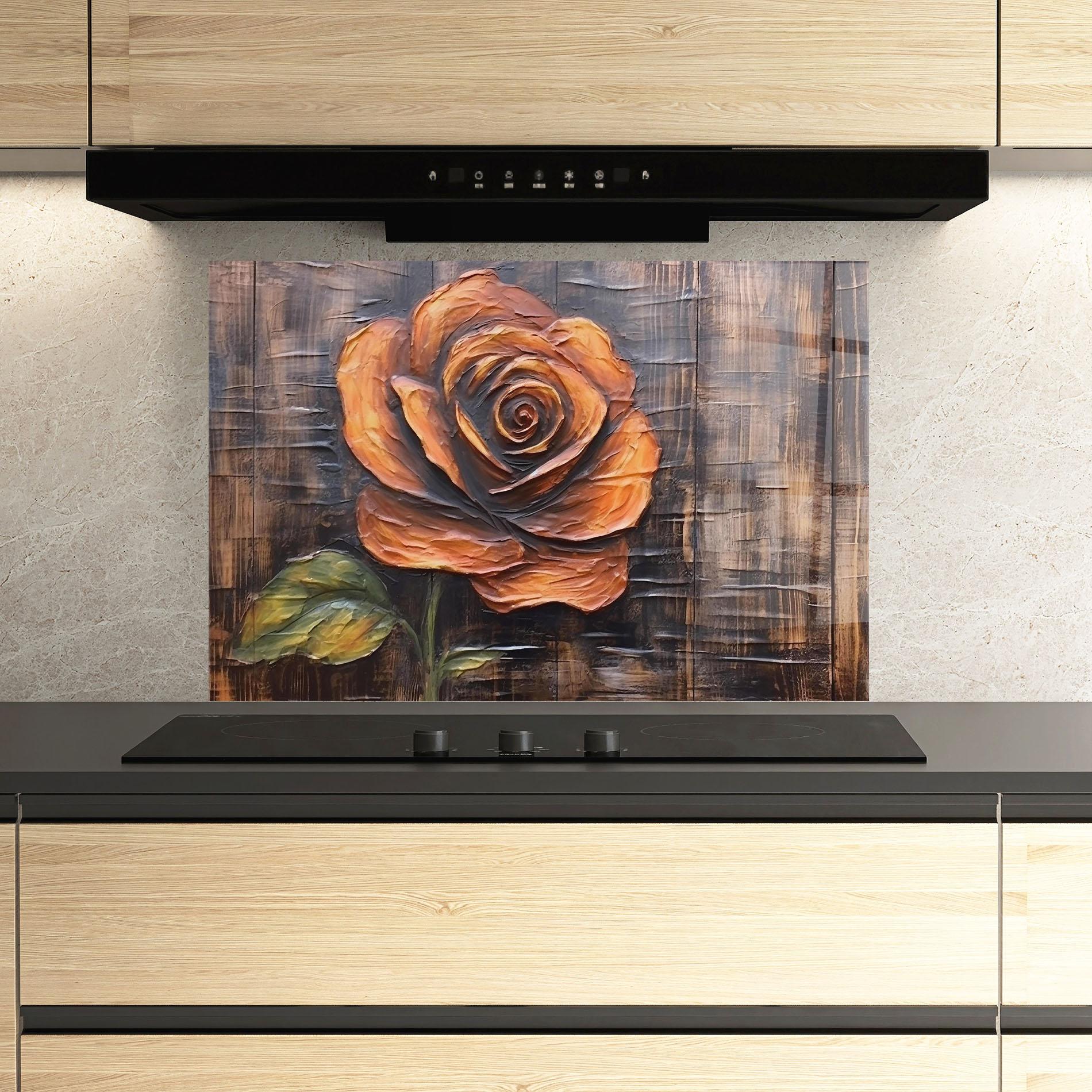 Panou Sticla Bucatarie Orange Rose On Wood mockup 3