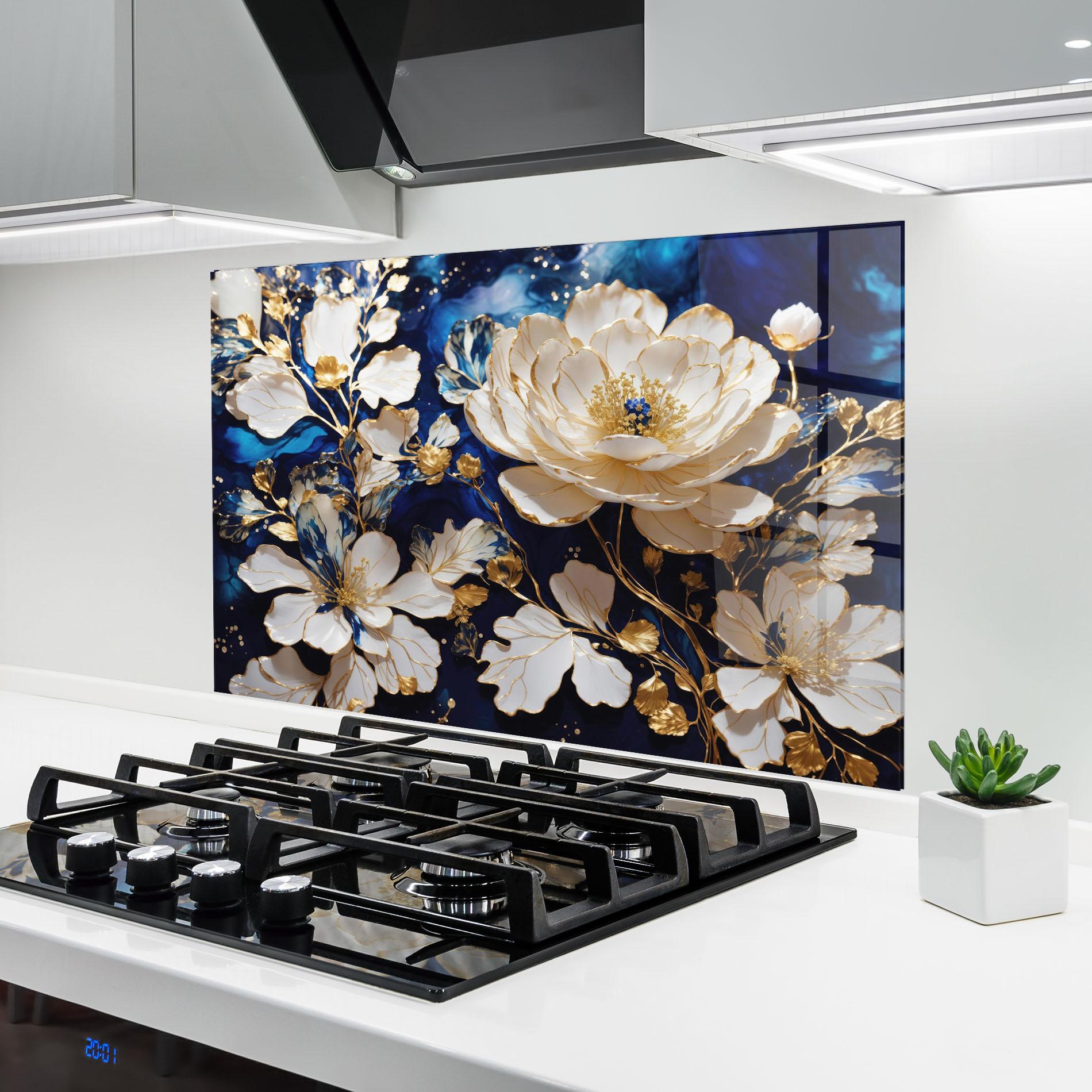 Panou Sticla Bucatarie Beautiful Golden White Rose mockup 6