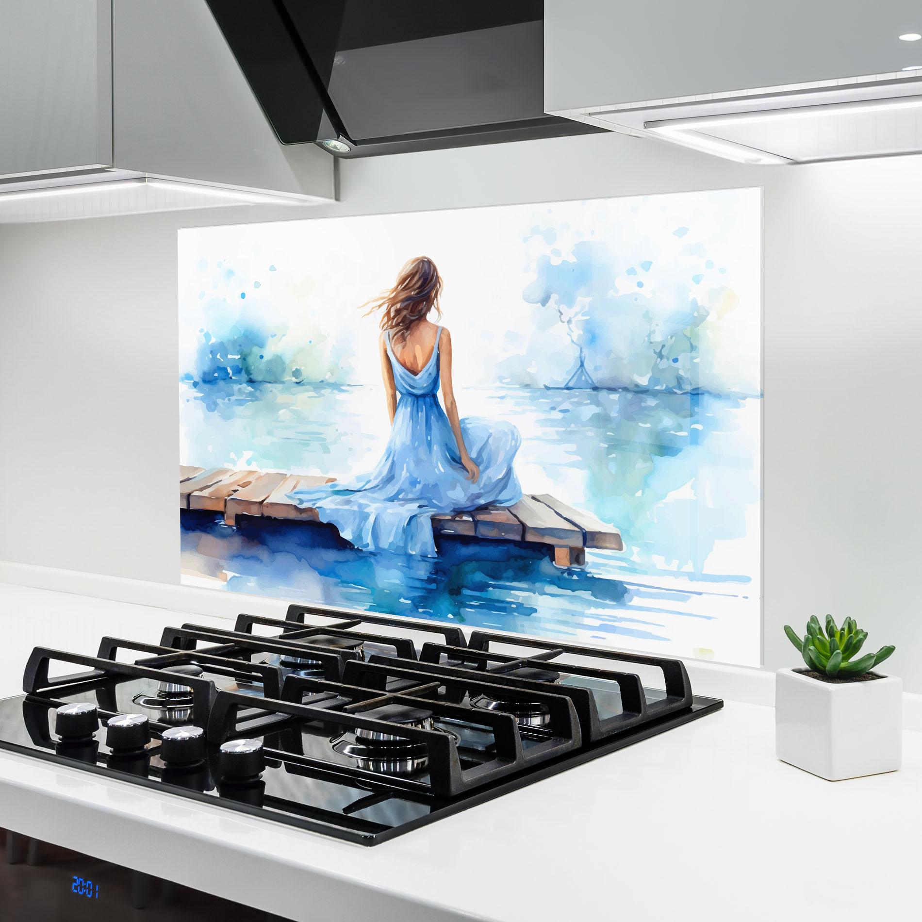 Panou Sticla Bucatarie Lake Blue Woman mockup 6