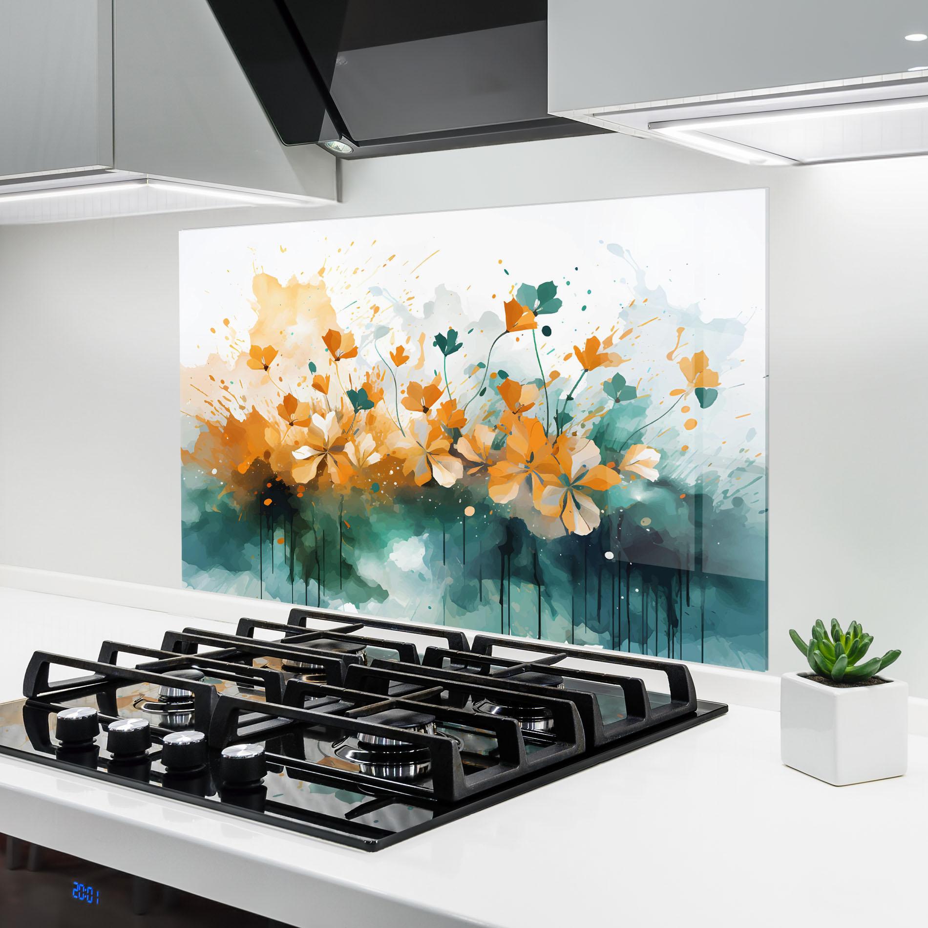 Panou Sticla Bucatarie Orange Green Flowers mockup 6