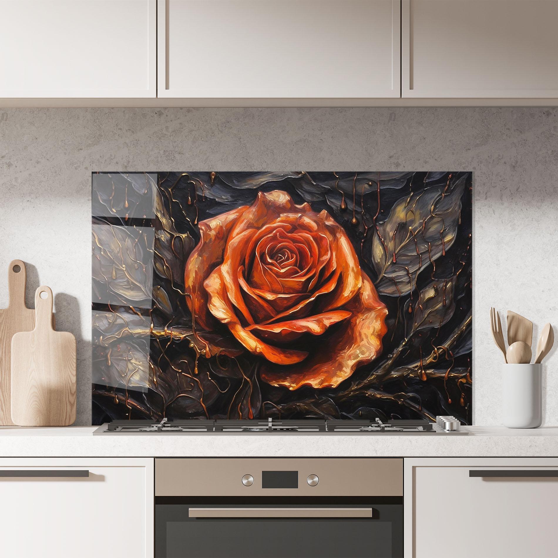 Panou Sticla Bucatarie Dark Orange Rose Art mockup 7